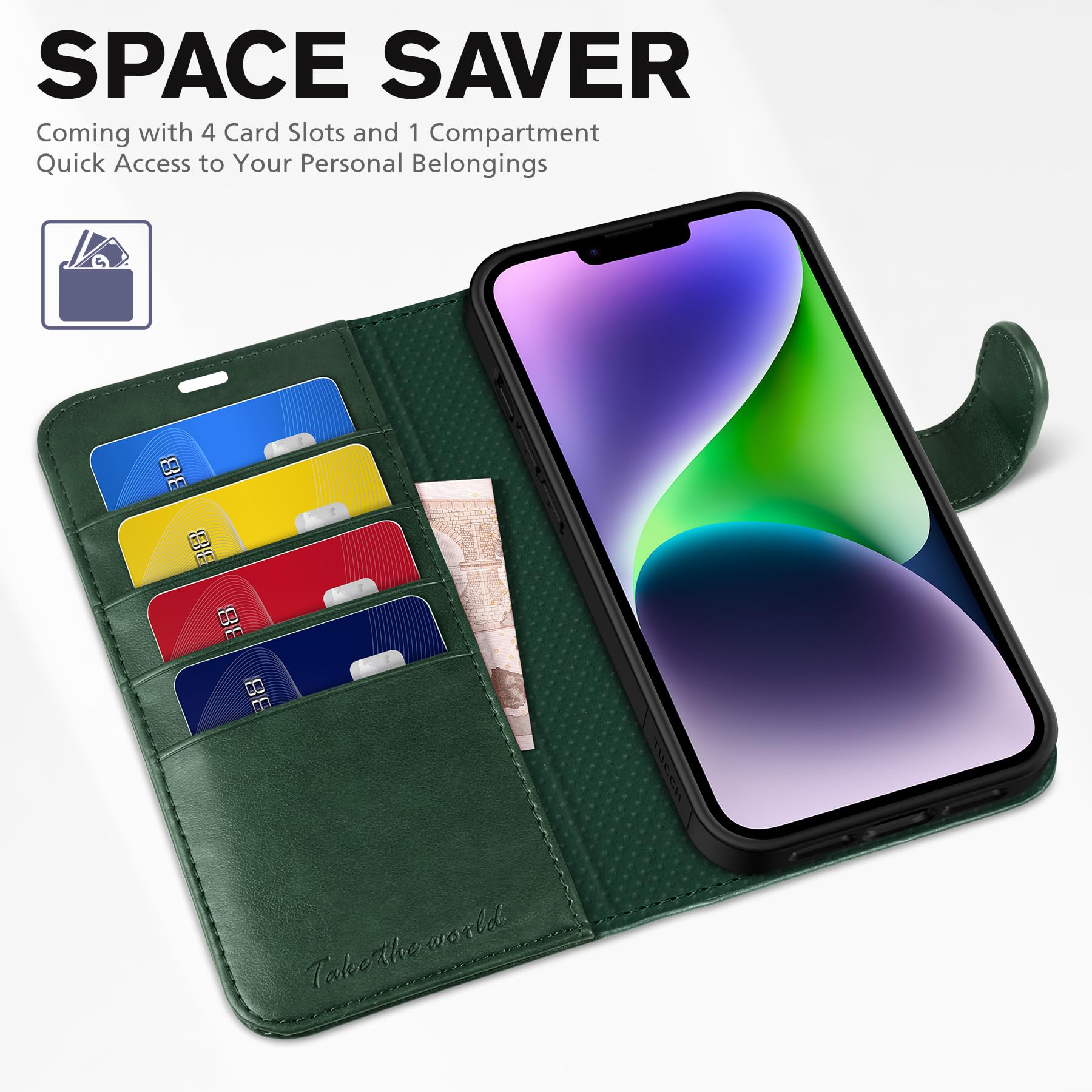 TUCCH Funda para iPhone 14, Flip Folio Carcasa Case, Funda de Cuero PU con Bloqueo RFID, Ranura para Tarjeta, Cierre Magnético, Funda Piel para iPhone 14 5G (6.1", 2022), Verde Medianoche