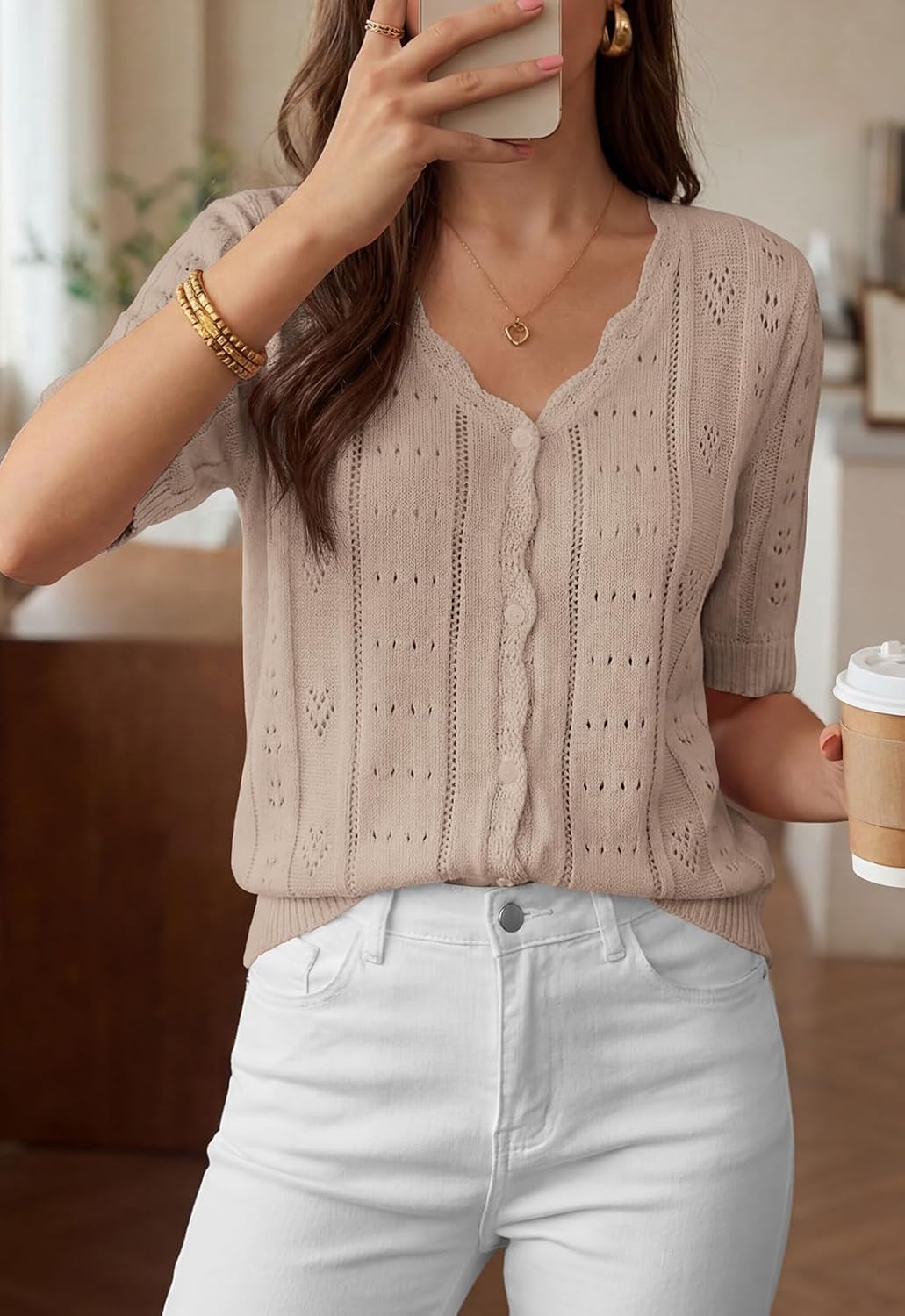 PRETTYGARDEN Womens Short Sleeve Crochet Knit Sweater Spring Fashion 2026 Button Down Lightweight Cardigans Summer Tops