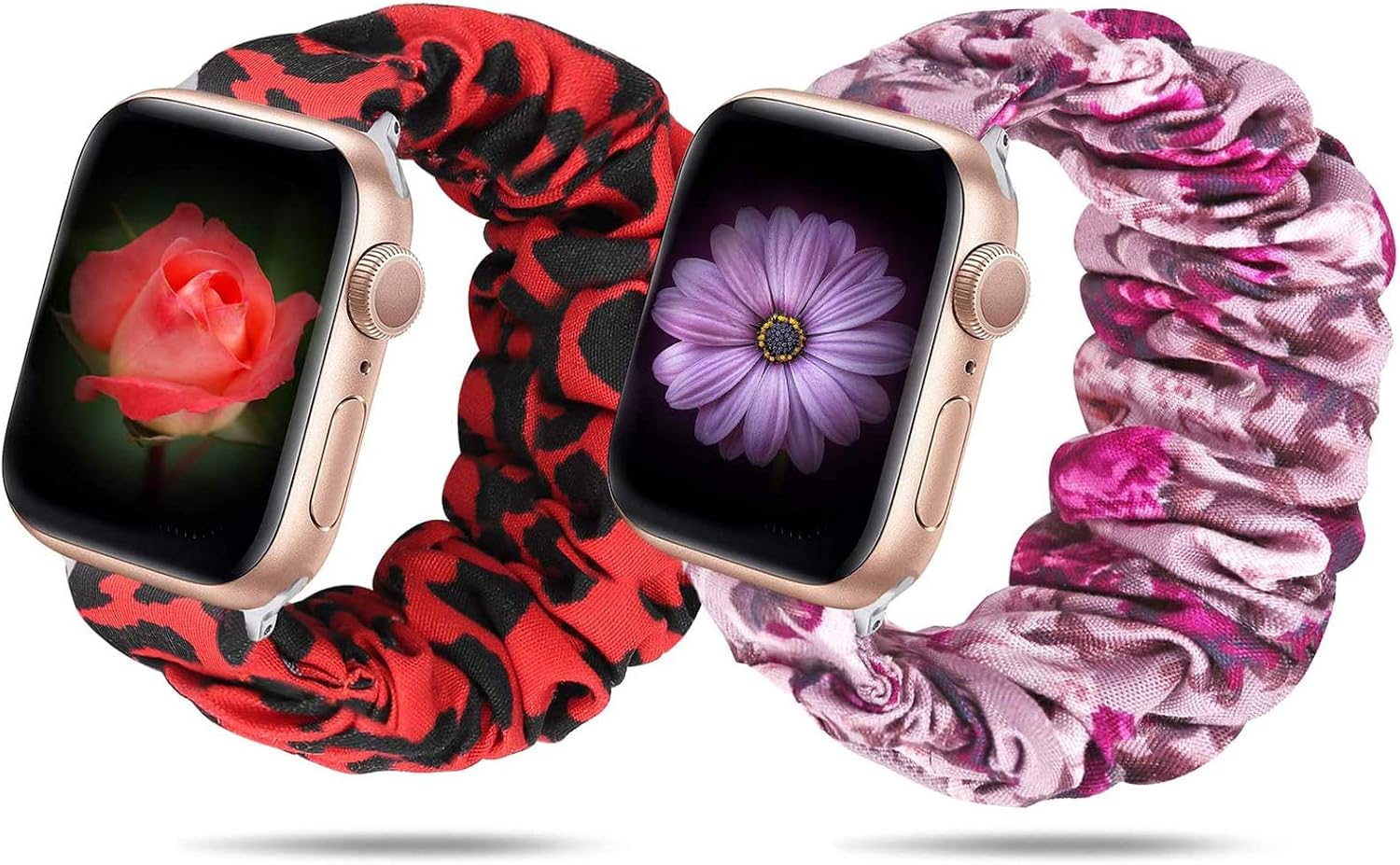 Huishang 2 Pack Scrunchie Watch Band Compatible for Apple Watch Band 38mm 42mm 40mm 44mm Women,Soft Elastic Strap Compatible with iWatch Apple Watch Series 5 4 3 2 1(Red Leopard+Purple Flower,42/44mm)