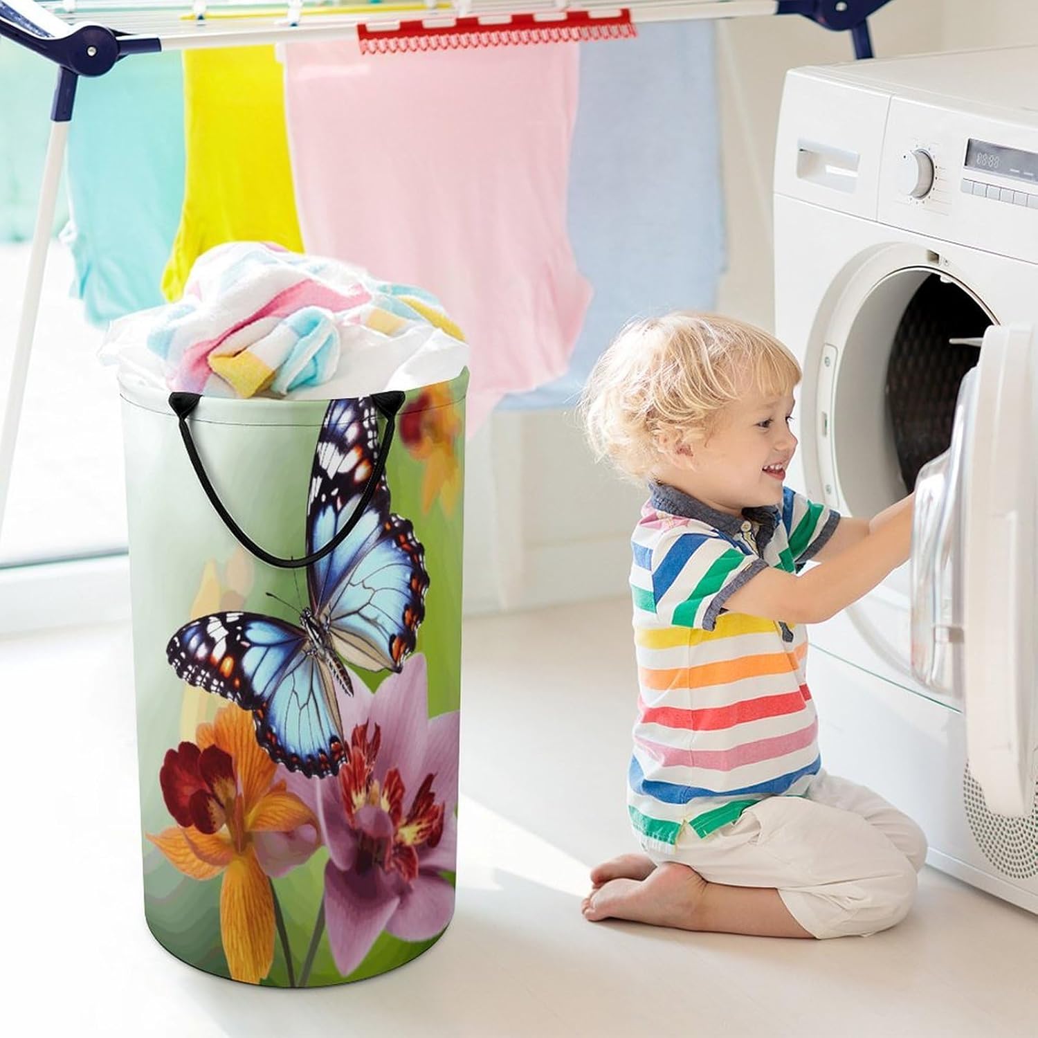 Flower Butterfly Laundry Hamper with Handles Freestanding Large Laundry Basket Collapsible Clothes Hamper Waterproof Clothes Basket for Family Bathroom Decor Storage 86L