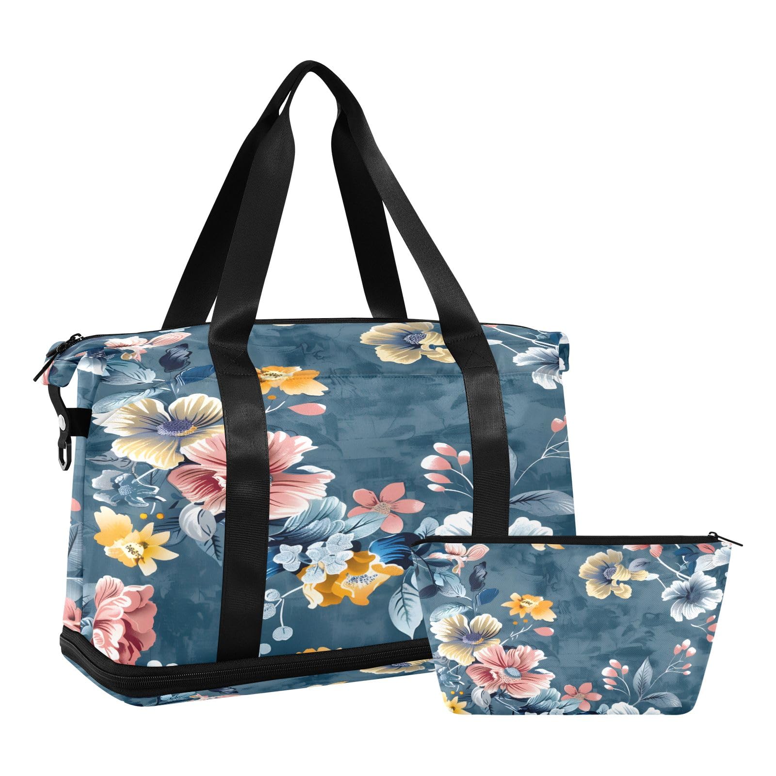 Borsone da viaggio in tessuto floreale con sfondo blu, impermeabile, per palestra, sport, borsa da viaggio con scomparto, Tessuto Floreale Con Sfondo Blu, Taglia unica, Borsone da viaggio
