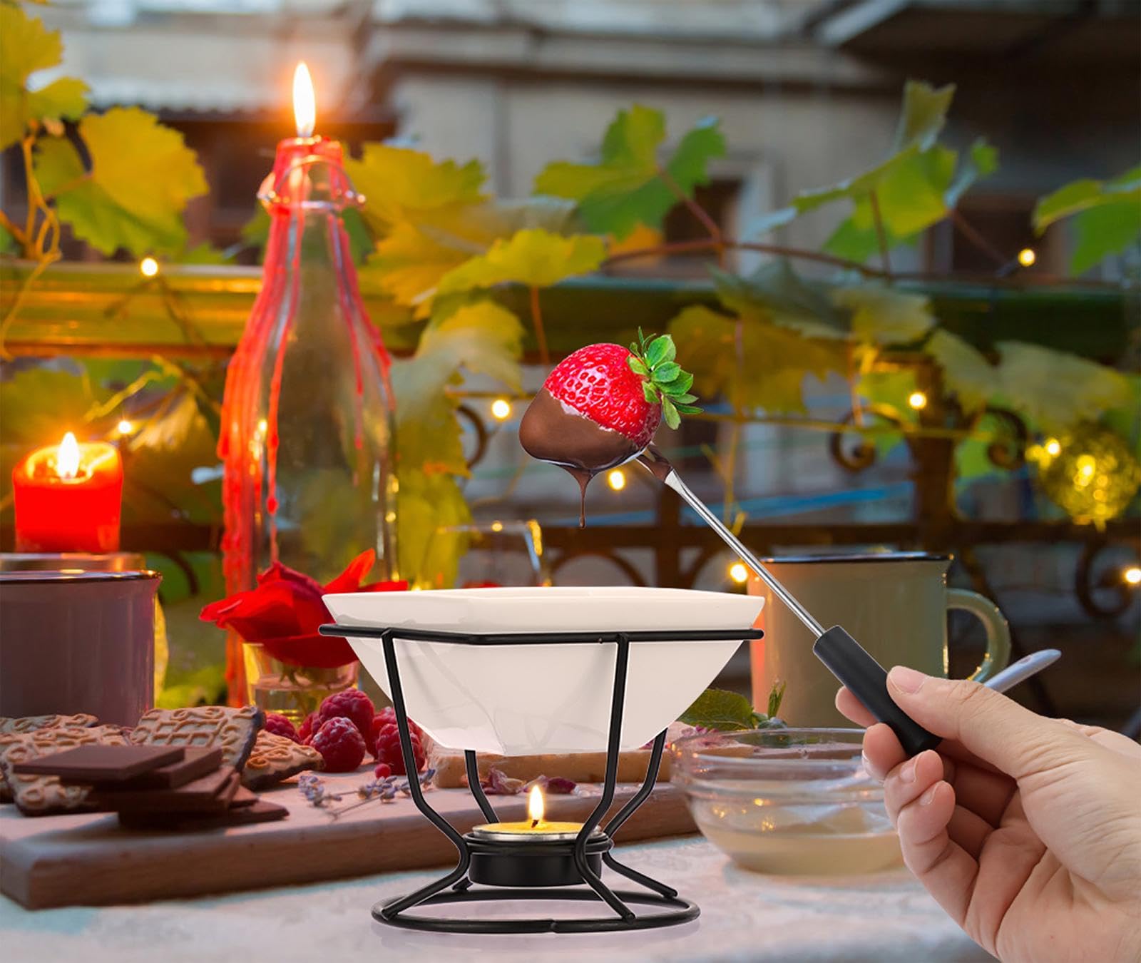 Juego de Fondue de Chocolate Quemador de Cerámica Cuadrado Blanco con 2 Tenedores Calentador de Helado de 200ML con Soporte Redondo de Hierro Negro para Chocolate Mantequilla Queso