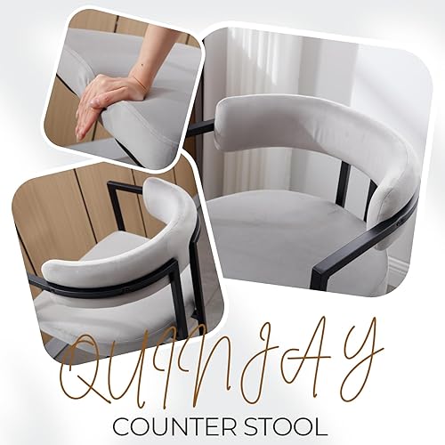 Miniatura 3 de Juego de 2 taburetes de mostrador de 26 pulgadas, modernos taburetes de bar de terciopelo gris, sillas de isla de cocina tapizadas con patas de
