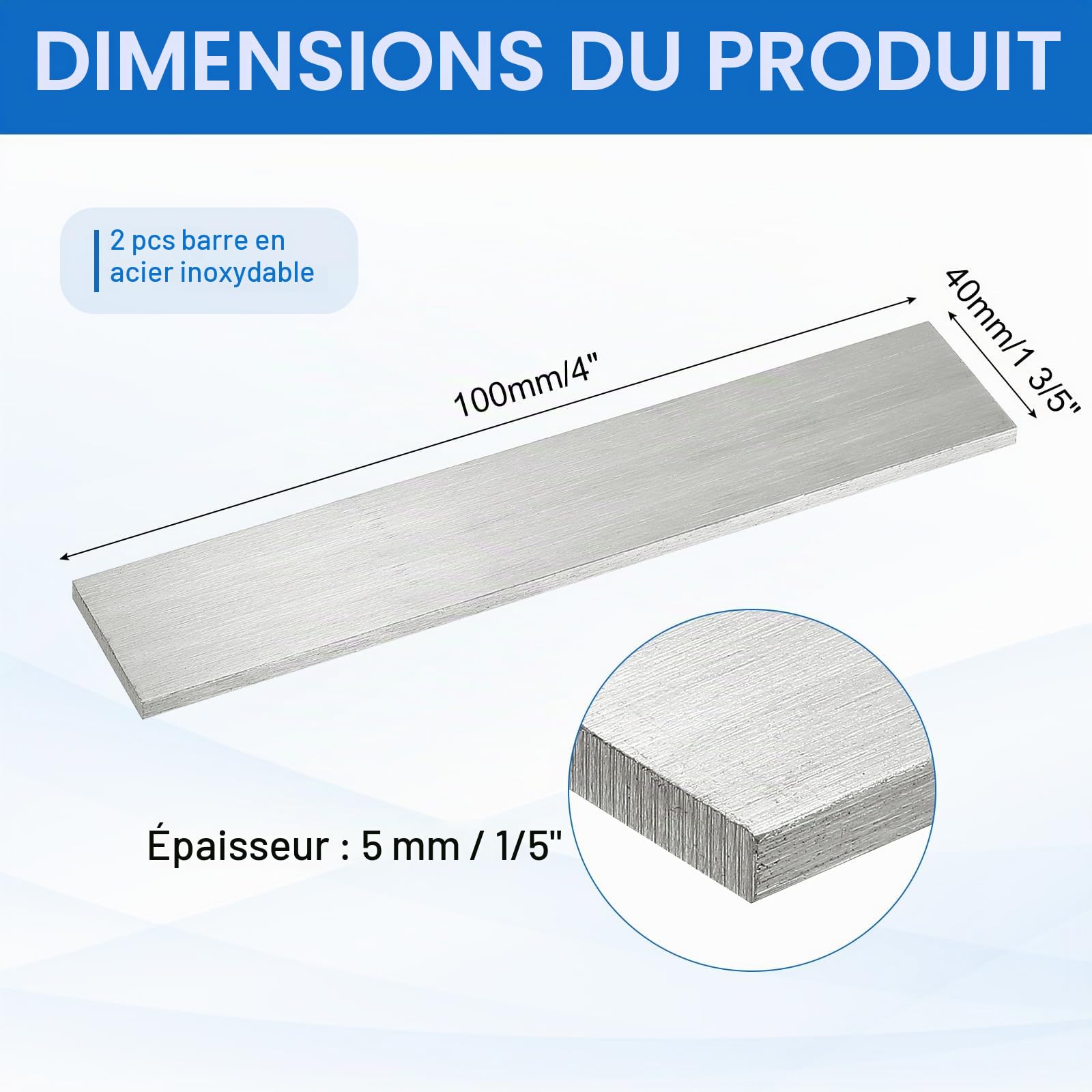 QUARKZMAN Barre Plate En Acier Inoxydable 316L Longueur 100mm Largeur 40mm Epaisseur 5mm Bandes Metalliques Finition Brossée pour DIY Cuisine Artisanat Machines Bâtiment Industrie, 2pcs