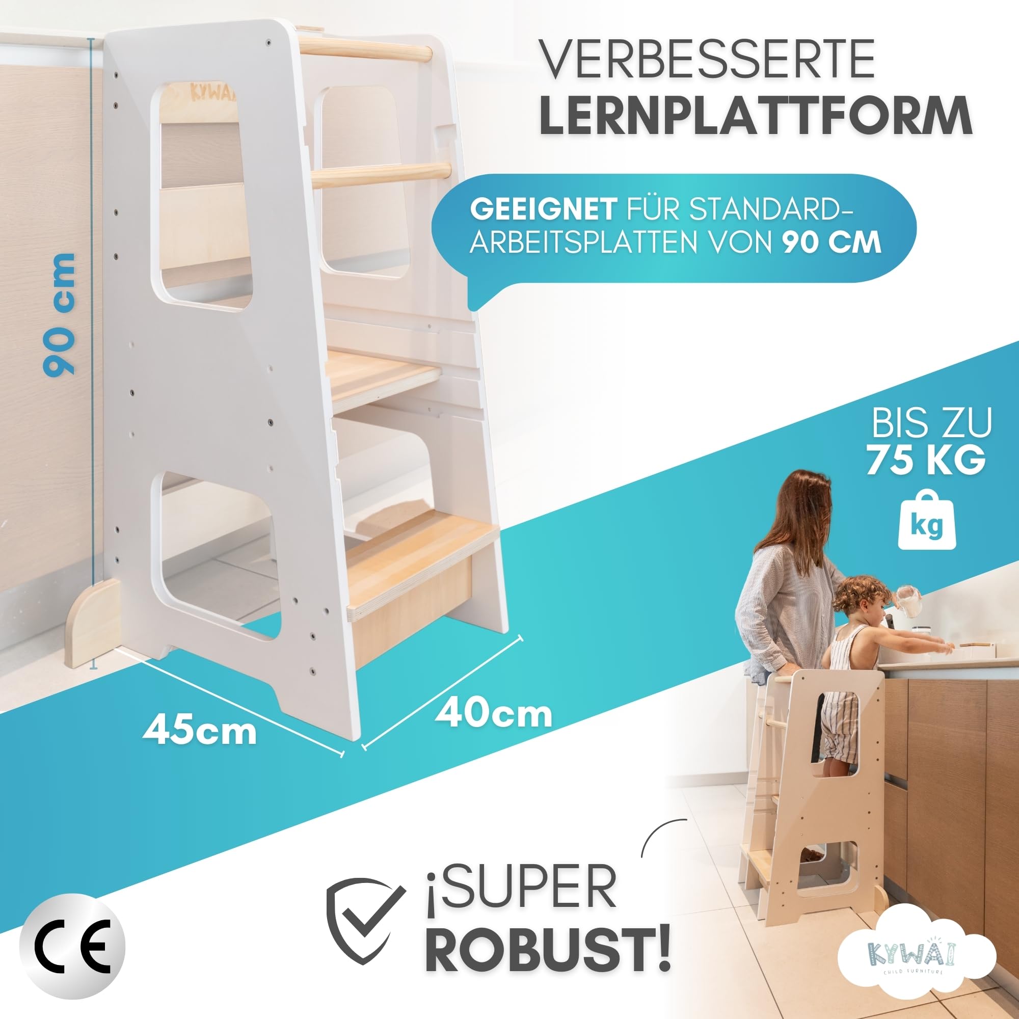 Montessori Lernturm ab 1 Jahr aus robustem Holz Premium-Modell Großformat Learning Tower mit Doppelter Sicherheitsbarriere Antirutschstreifen Höhenverstellbar