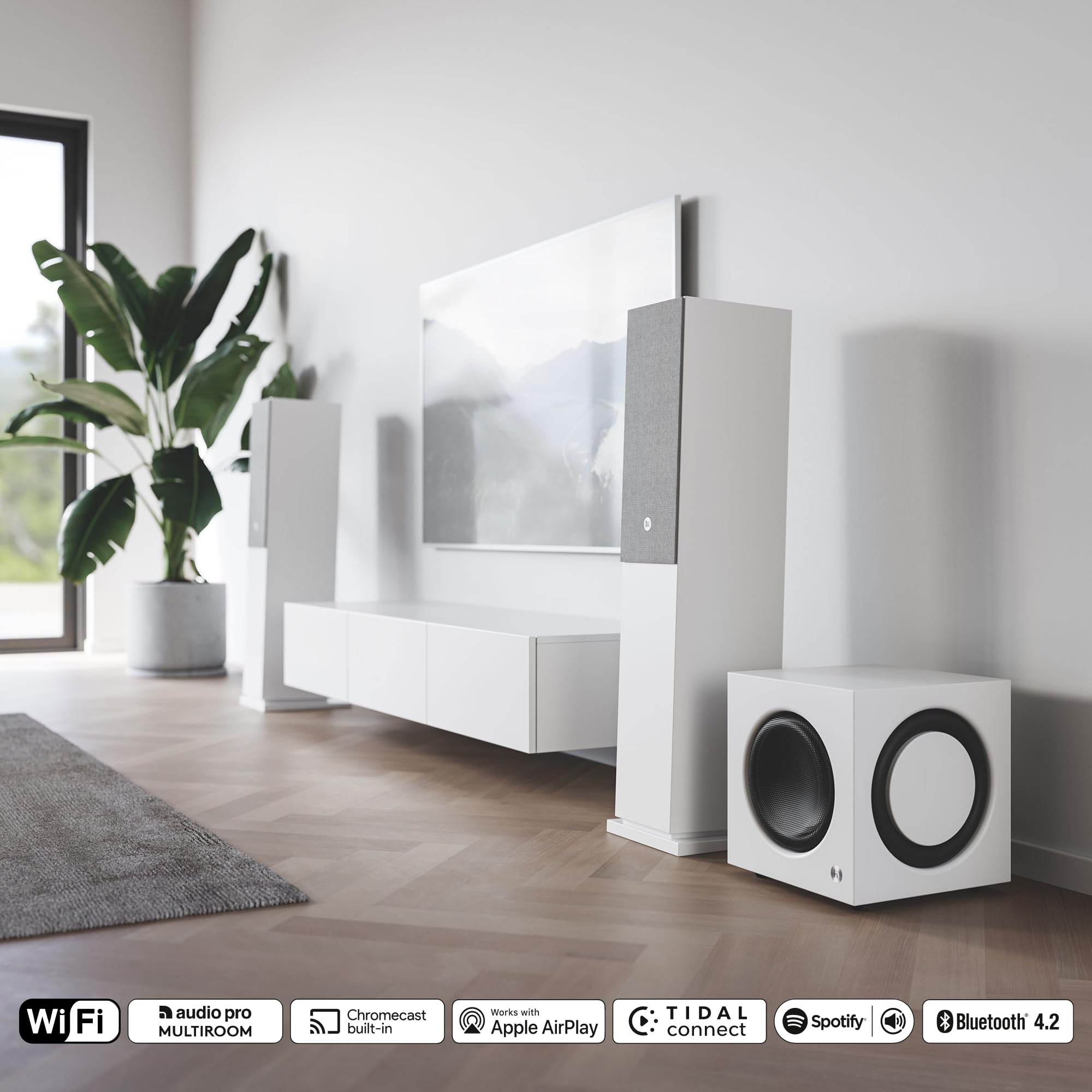 Audio Pro - Enceintes TV A48 - Streaming et Multiroom, 2 Amplificateurs 130W pour Home Entertainment - HDMI Arc, WiFi, Bluetooth, Airplay 2, Chromecast - Blanc