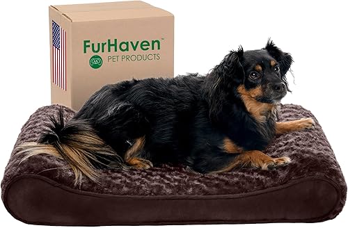 Furhaven - Cama ortopédica de piel sintética ultraafelpada y gamuza para perro, con funda extraíble lavable, color chocolate, M