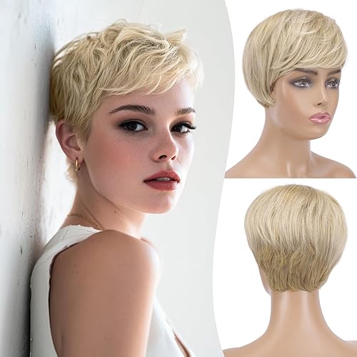 FESHFEN Pixie Cut Wigs Synthetic Short Mixed Blonde Pixie Haircut