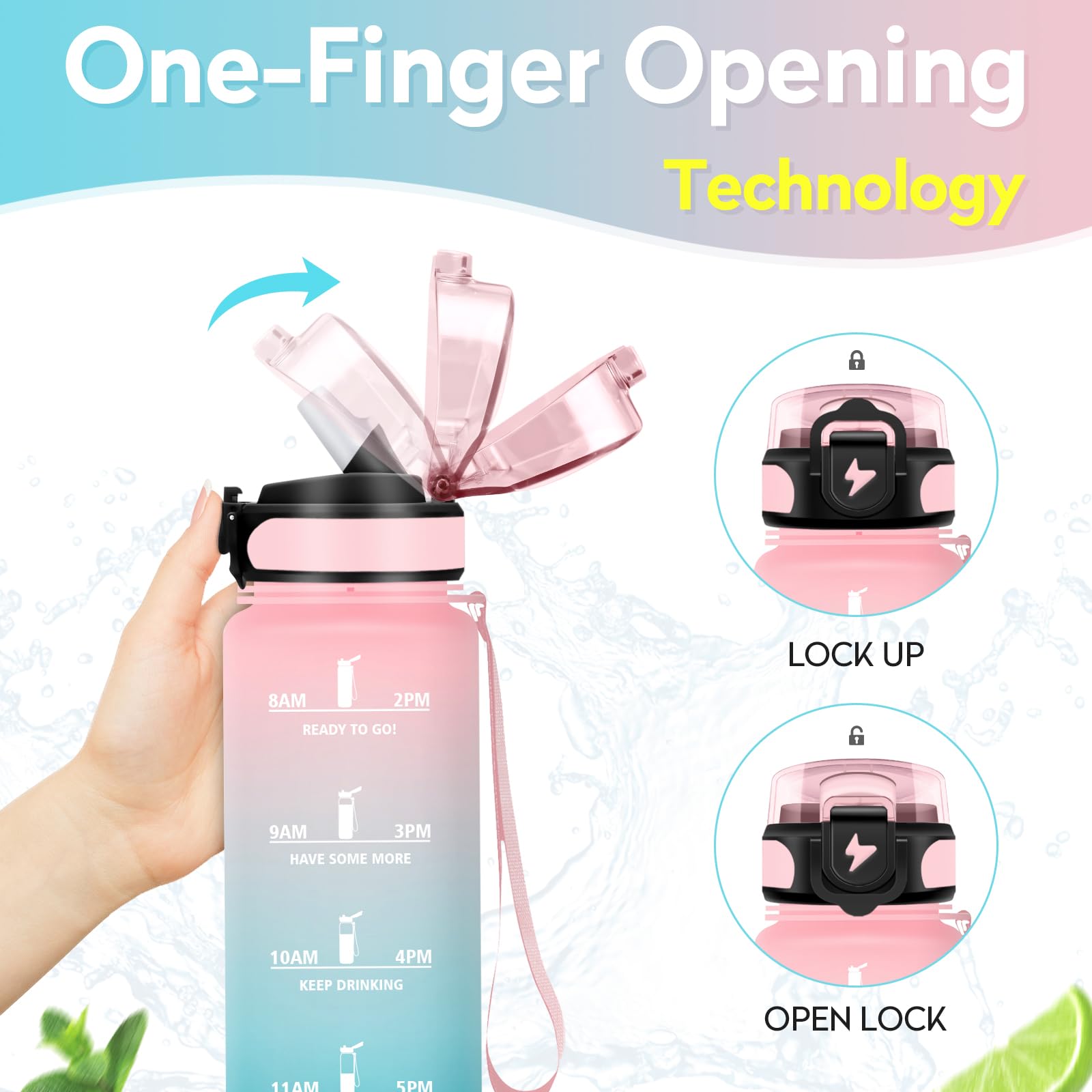 Borraccia con Cannuccia, 1 Litro BPA Free, Borraccia Palestra, Scala Temporale, Borracce Motivazionale, con Bocca Larga e Coperchio Antigoccia, Bottiglia Acqua, Ideale per Scuola, Ufficio, Palestr