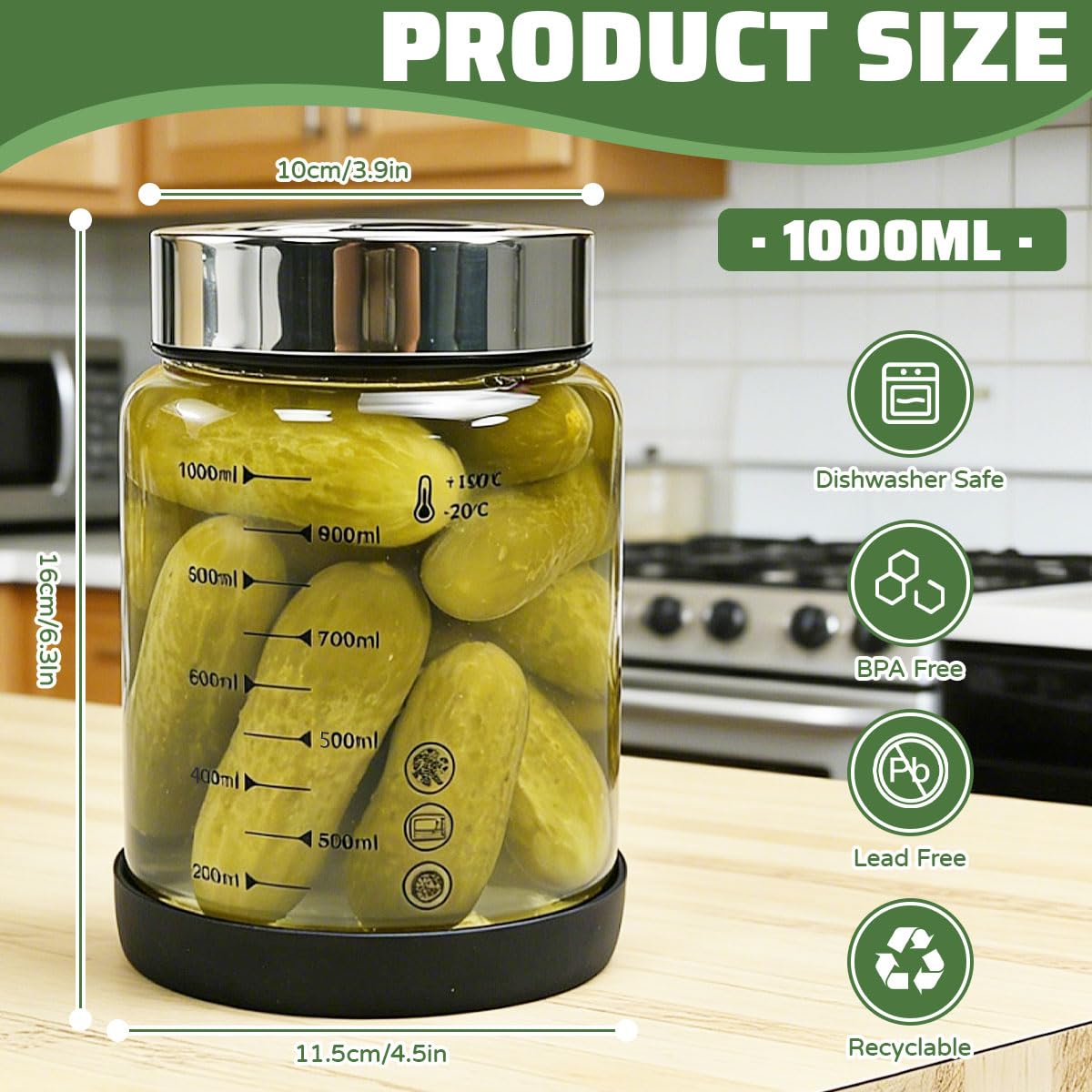 Tarro de Fermentación con Válvula de Ventilación 1L, Tarro Cristal con Tapa 1l para Fermentar, Recipiente Hermético para Kimchi, Vaso de Fermentación para Chucrut pepinos y Encurtidos