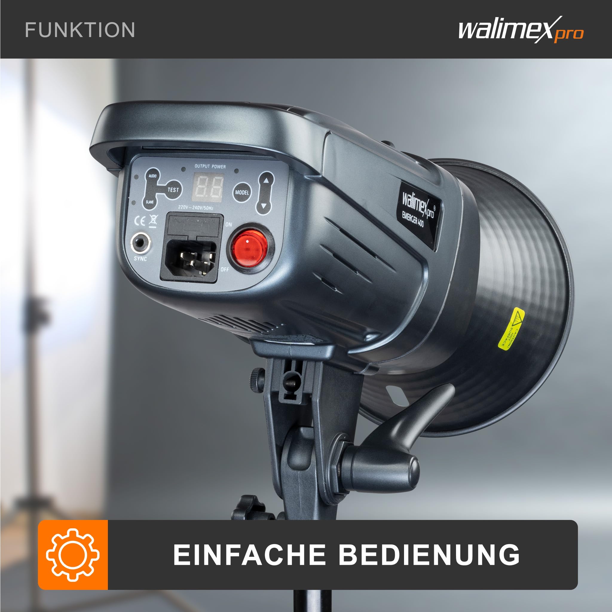 Walimex pro Emerger 400 Studioblitz mit 400 Ws Blitzleistung, Blitzgerät mit 2,4 GHz Funk, Fotoblitz mit kurzer Wiederaufladezeit, Blitzleuchte mit dimmbarem LED-Einstelllicht