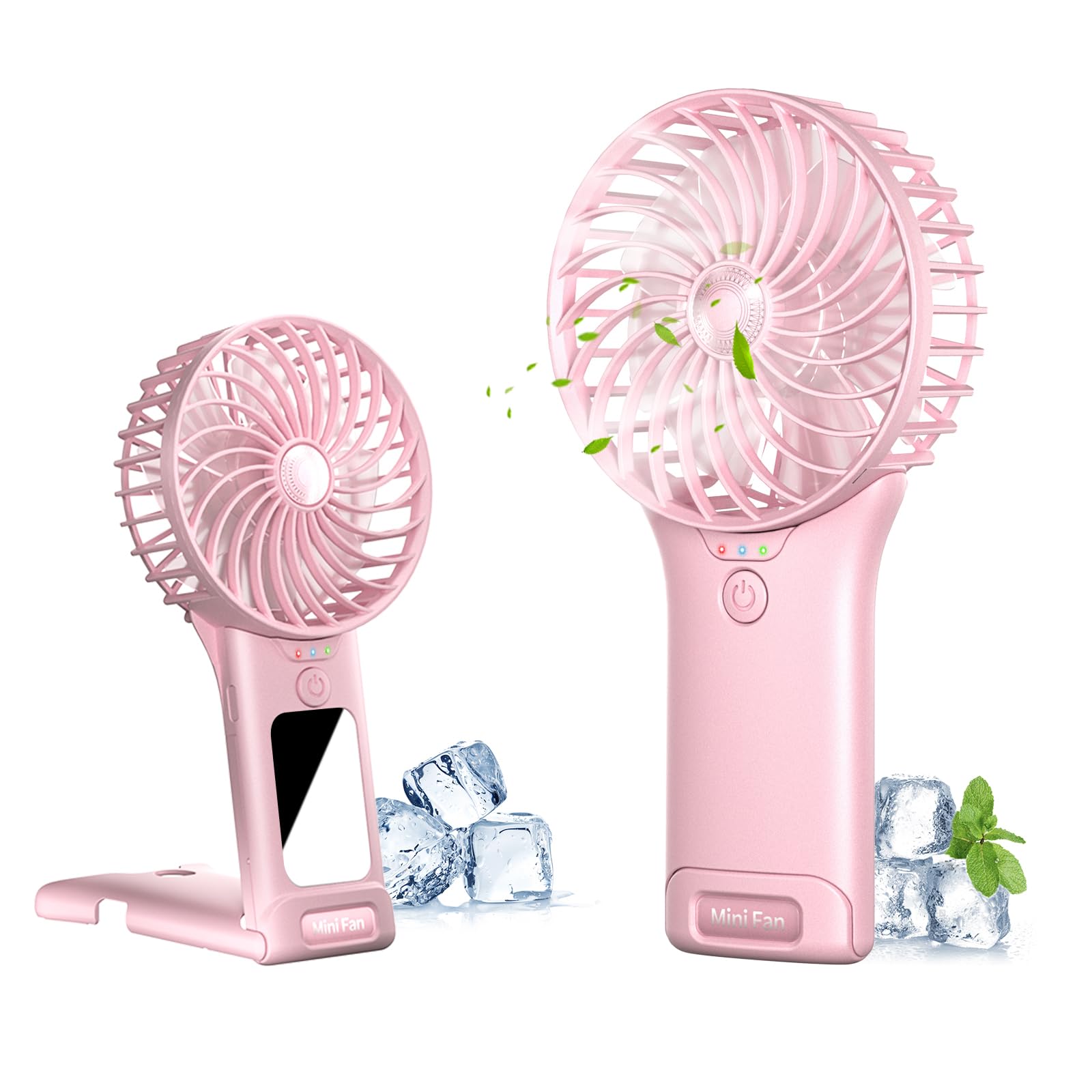 Handheld Fan, USB Rechargeable Mini Portable Fan, Personal Small Silent Hand Fan 4 Speeds with Mirror, Battery Operated Table Desk Fan for Office Outdoor Home Travel (Pink)