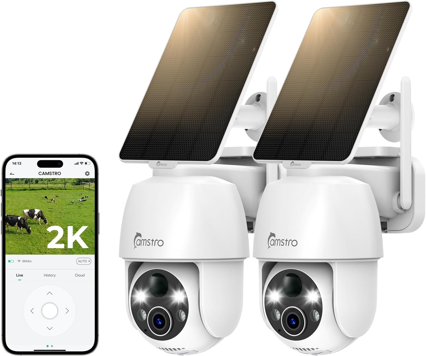 2PCS Solar Security Camera Wireless Outdoor, 2K Battery-Powered Camera for Home Security, PIR/AI Motion Detection, 360°PTZ, Color Night Vision, Two-Way Audio,IP66, Alexa/Google,2.4Ghz Only