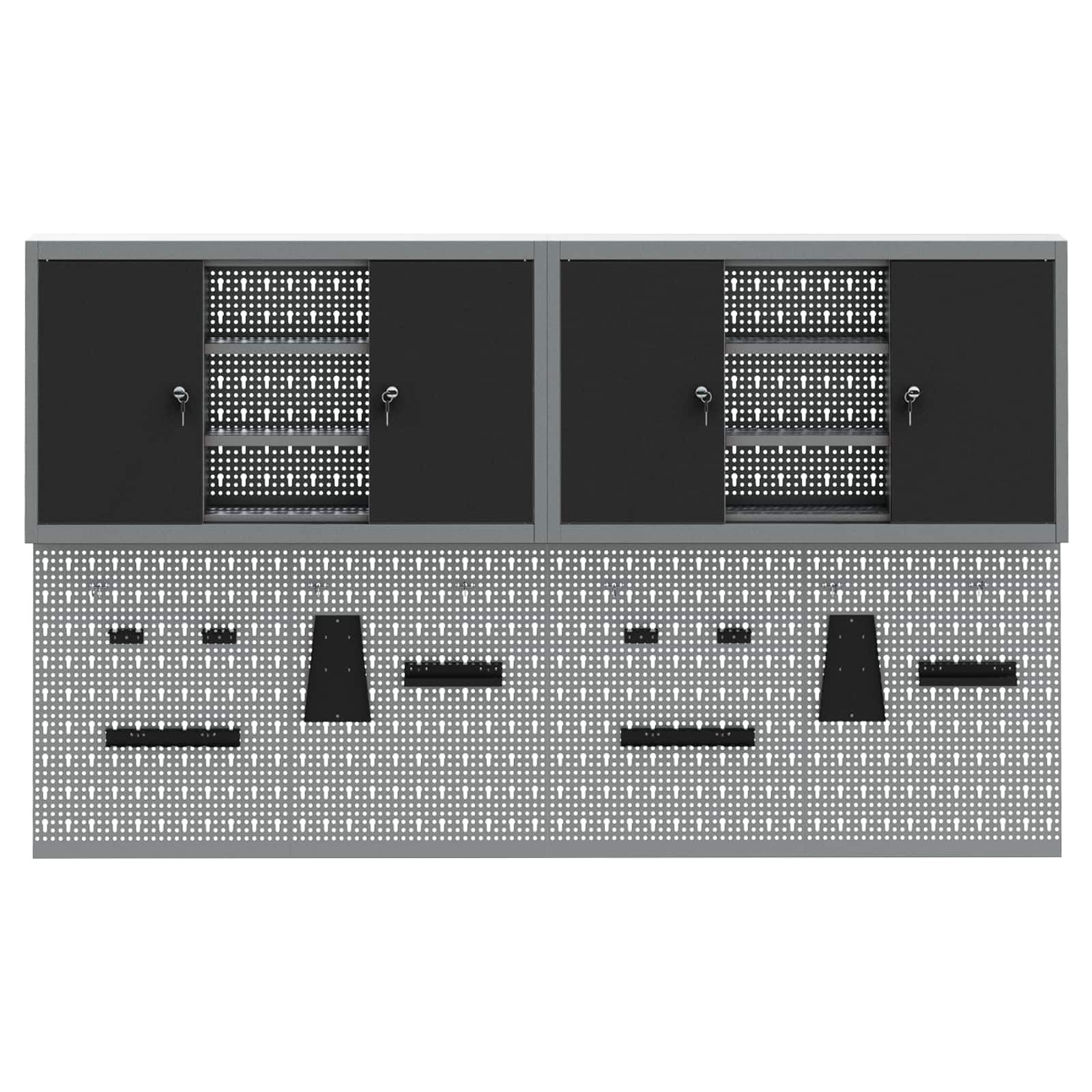 Lot de 6 armoires à outils en acier revêtu par pulvérisation - Montage mural - 200 x 20 x 115 cm - Avec étagères en métal - Plaques perforées - Pour atelier, garage, système de rangement