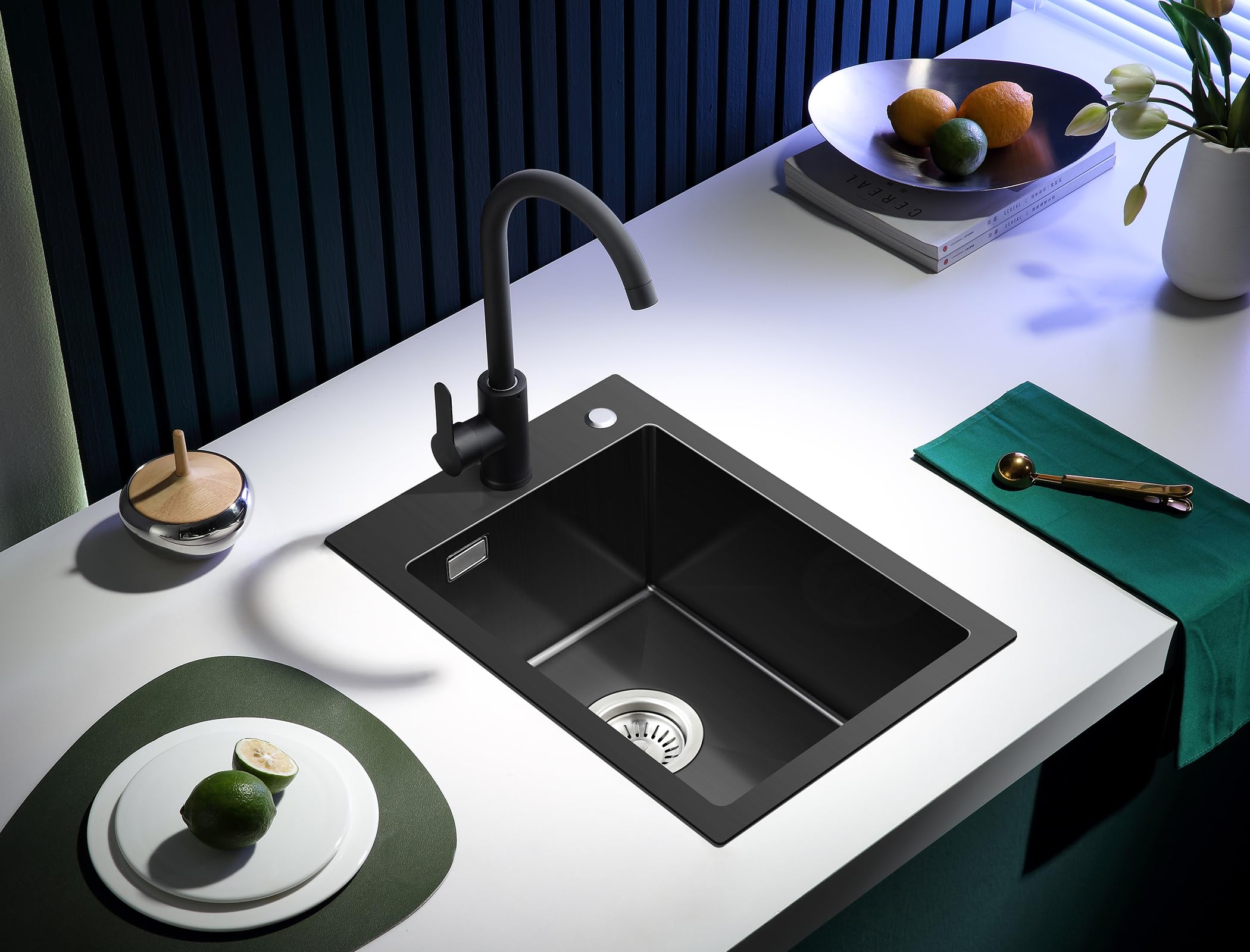 Évier de Cuisine en Acier Inoxydable Noir-Gris 35 X 50 cm, Évier Encastrable avec Trou Pour Robinet et Trop-Plein (Sans Siphon), 1 Bac Rectangulaire, Évier de Cuisine Pour Meuble Bas de 40 cm