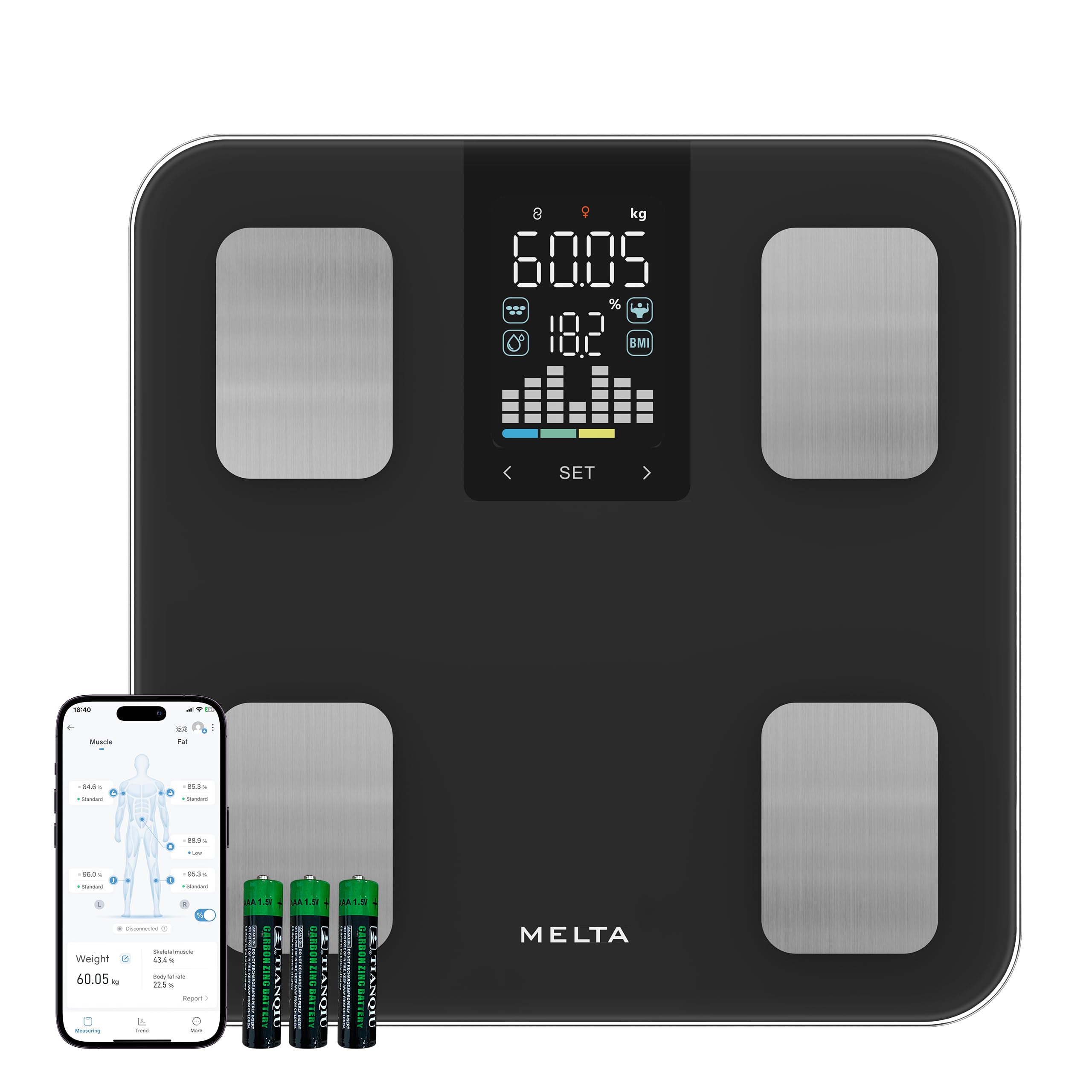Pèse Personne Connecté MELTA. – Impédancemètre 15 Données : IMC, Masse Grasse, Musculaire, Viscérale, Osseuse – Bluetooth & Application Gratuite – Synchronisation Santé – Verre Trempé – 180kg (NOIR)