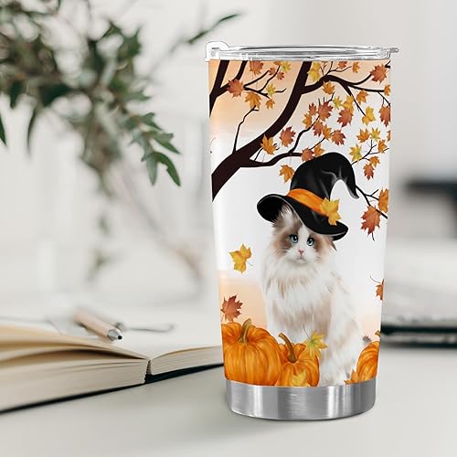 Miniatura 5 de Vaso de café de acero inoxidable con tapa abatible, diseño de gato y calabaza, vaso de viaje aislado para bebidas frías y calientes, taza de viaje