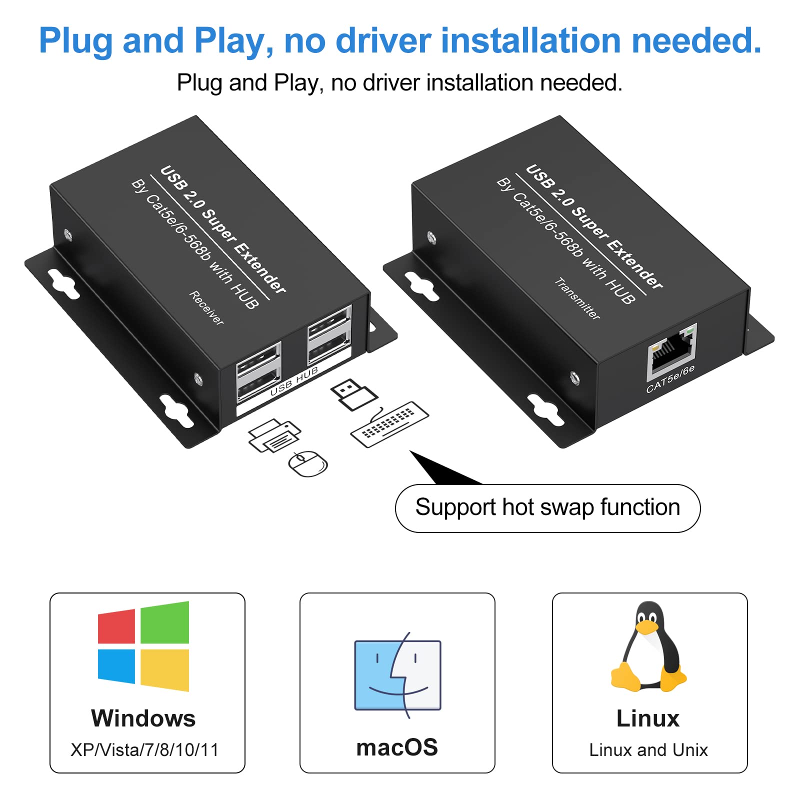 USB 2.0 Extender 196 ft 60m USB Ethernet via RJ45 Cat5e 6 fino a 480Mbps Sincronizzazione del lavoro di due webcam Supporta Windows Android PC Web Camera Linux ecc
