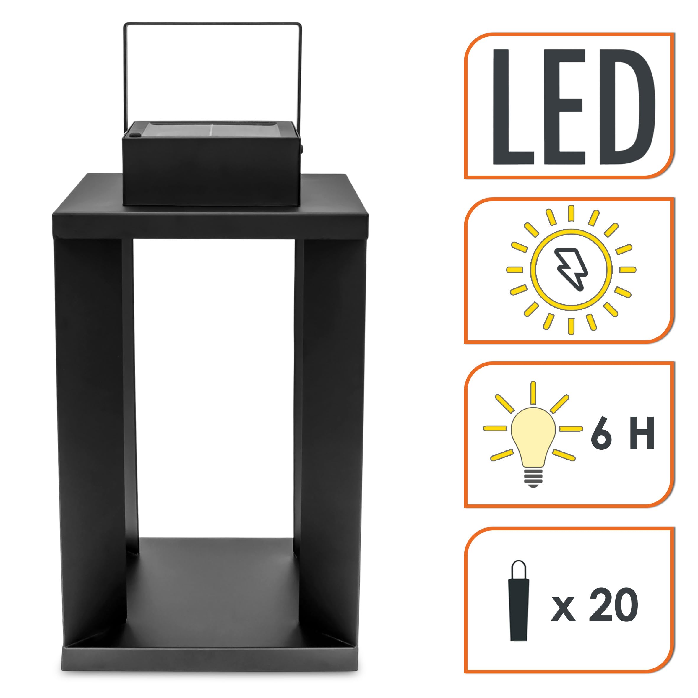 Lanterna solare in metallo, colore nero, 25 LED, luce bianca calda, 45 x 22 cm, a energia solare, di alta qualità, massiccia, per giardino, terrazza, balcone