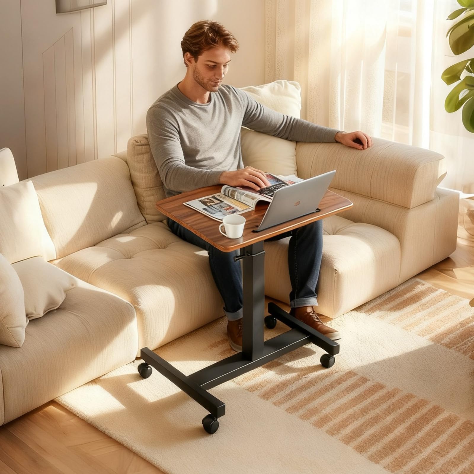 Mobile Standing Desk Height Adjustable Overbed Bedside Table with Wheels Cup Holder Hand Crank Sit Stand Desk and