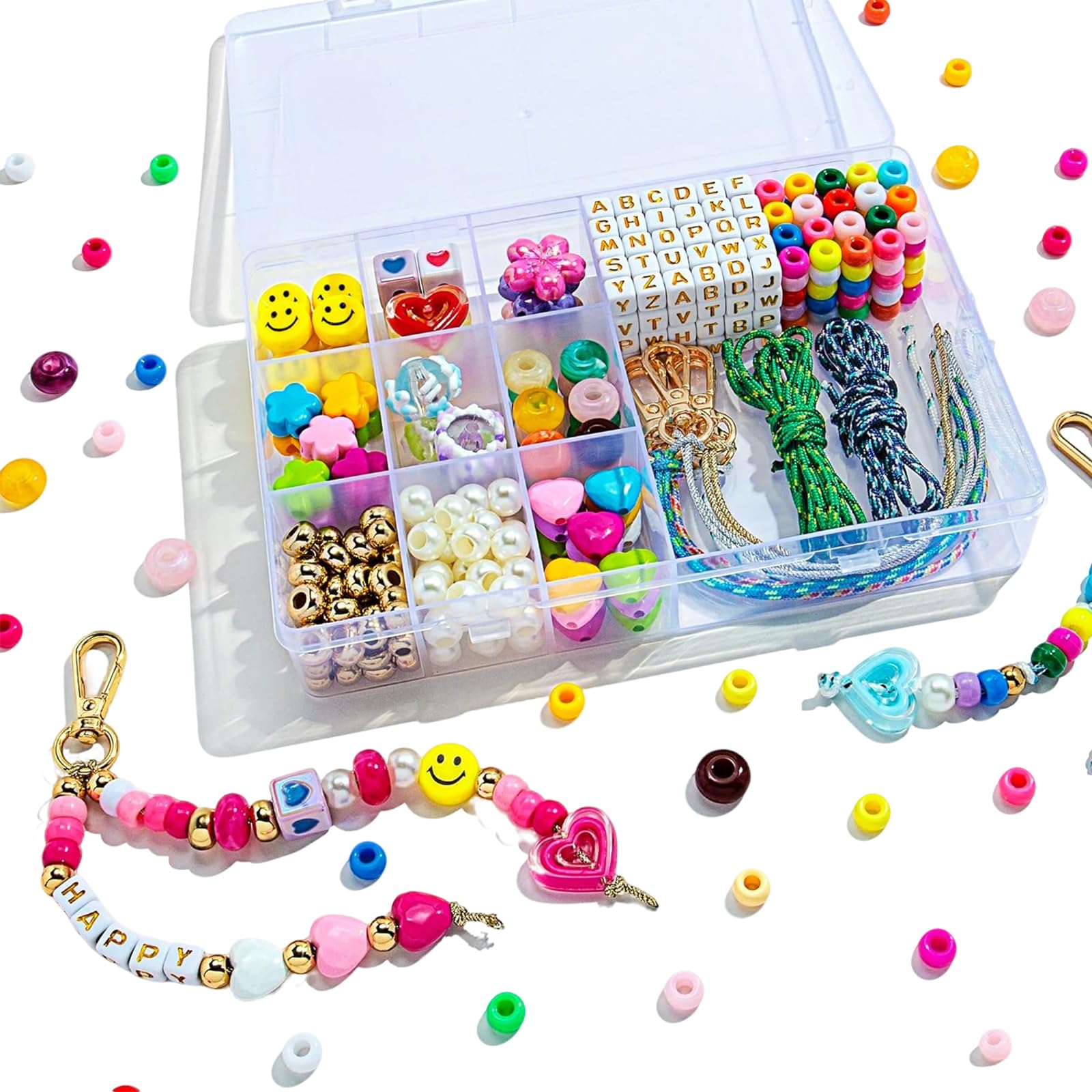 Kit Portachiavi Fai da Te 421 Pezzi, Perline Colorate, Lettere A-Z, Ciondoli in Acrilico Cuore Fiore Stella, Regalo Creativo per Bambini e Adulti