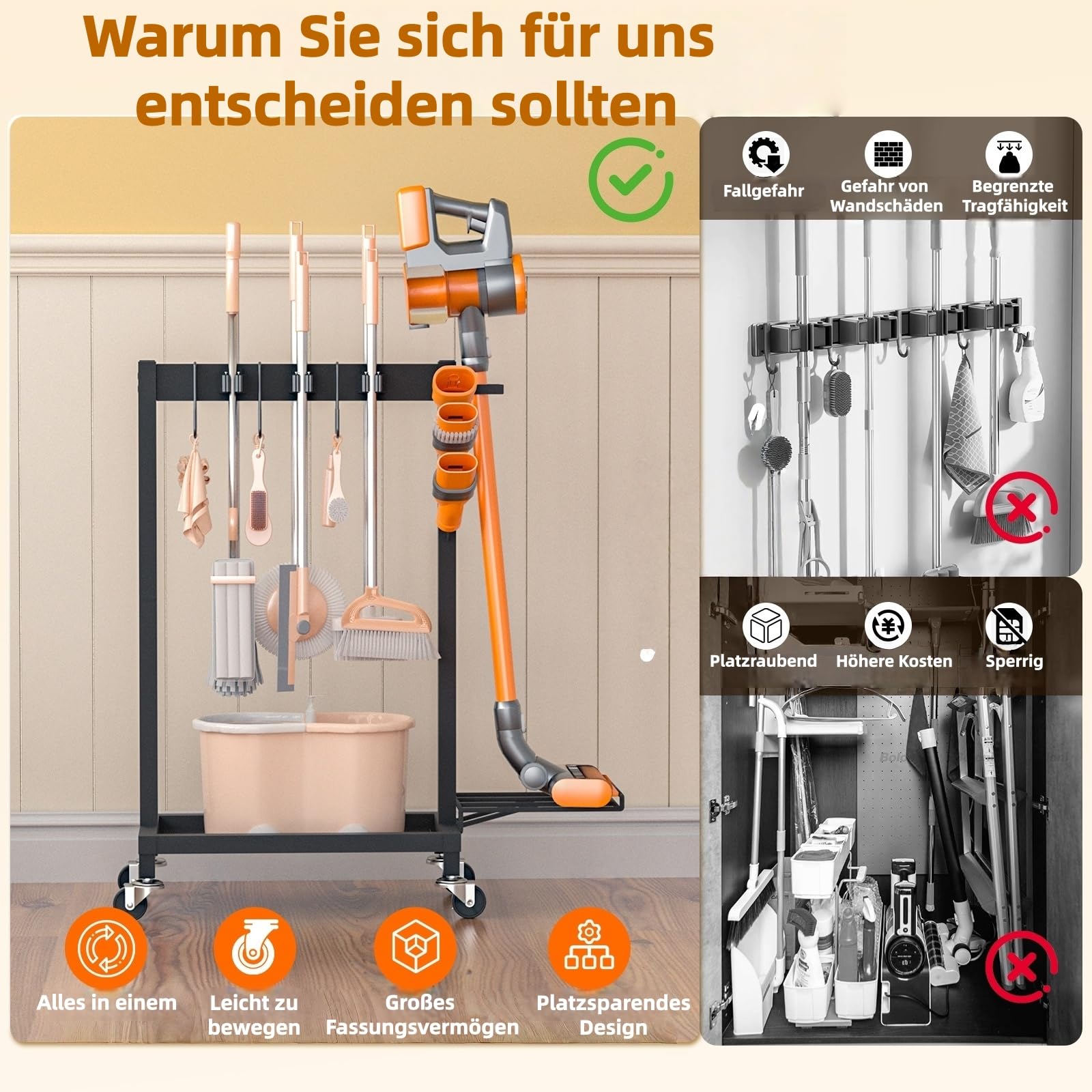 Porta scopa con organizer per detergenti, porta scopa con ruote, porta scopa e mocio, carrello per la pulizia con 6 ganci per mop, 3 ganci doppi, portata 68 kg, nero