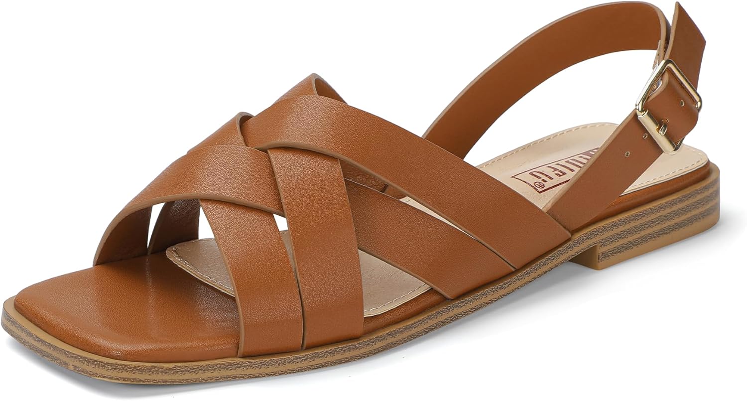 IDIFU Strappy Flat Sandals for Women Square Open Toe Summer Beach Dressy Dress Ladies Comfortable Cute Comfy Trendy Casual Buckle Slingback Sandals with Back Strap