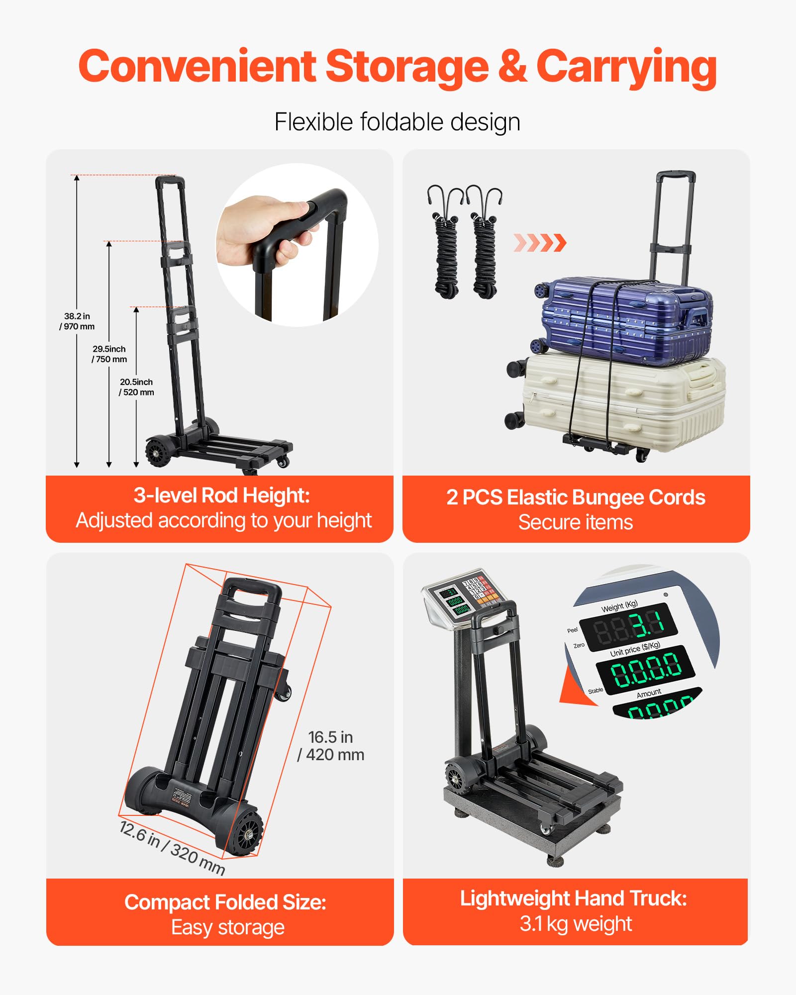VEVOR Carrello a Mano Pieghevole, Capacità di Carico di 135 kg, Carrello Portabagagli Pieghevole con 4 Ruote, 2 Corde Elastiche e Base Espandibile, Multiuso per Trasporto Bagagli