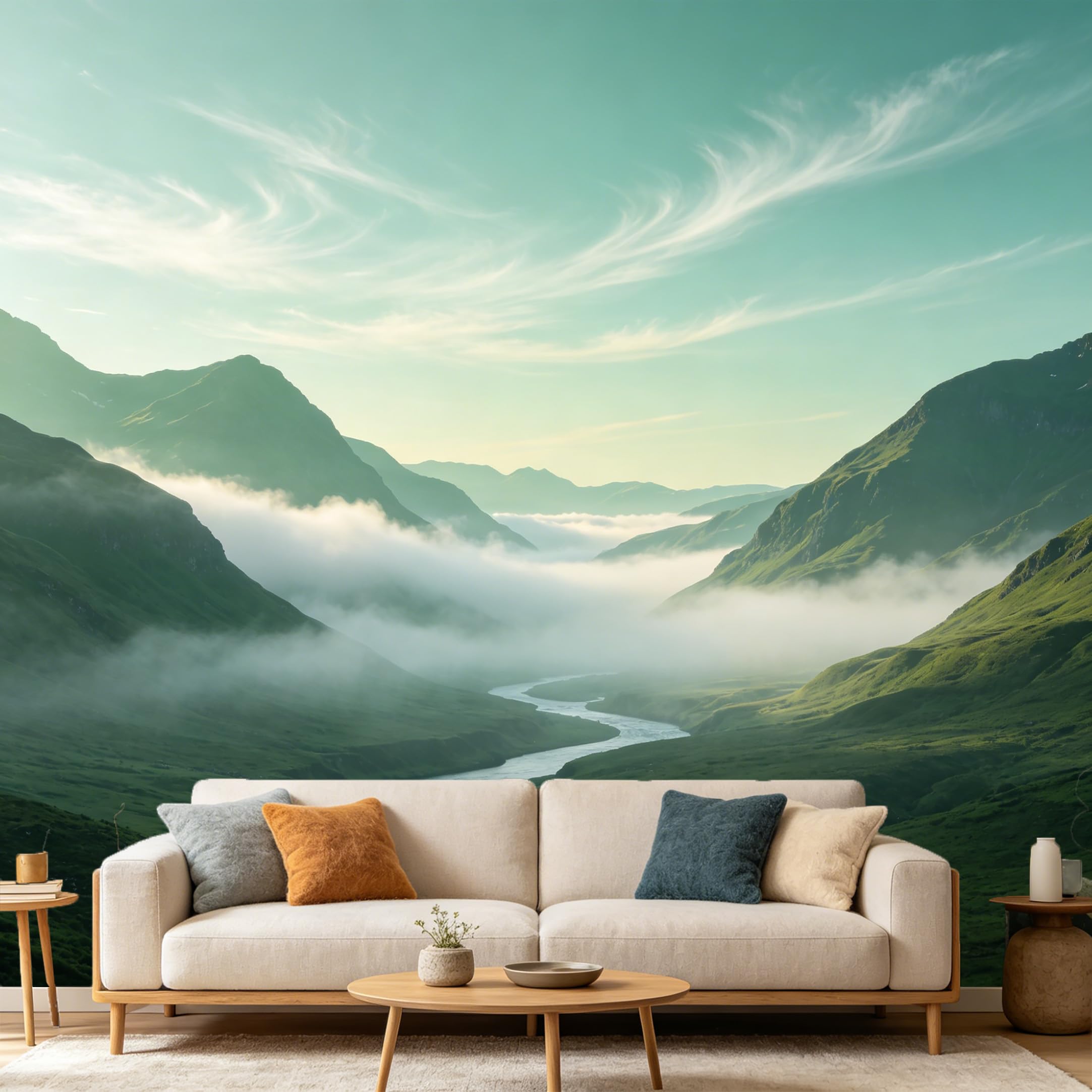 Custom Size Wall Mural Mountain Lake Landscape Misty Valley River SelfAdhesive Art Prints wall Fabric（No PVC） Removable Wallpaper Home Bedroom Decor
