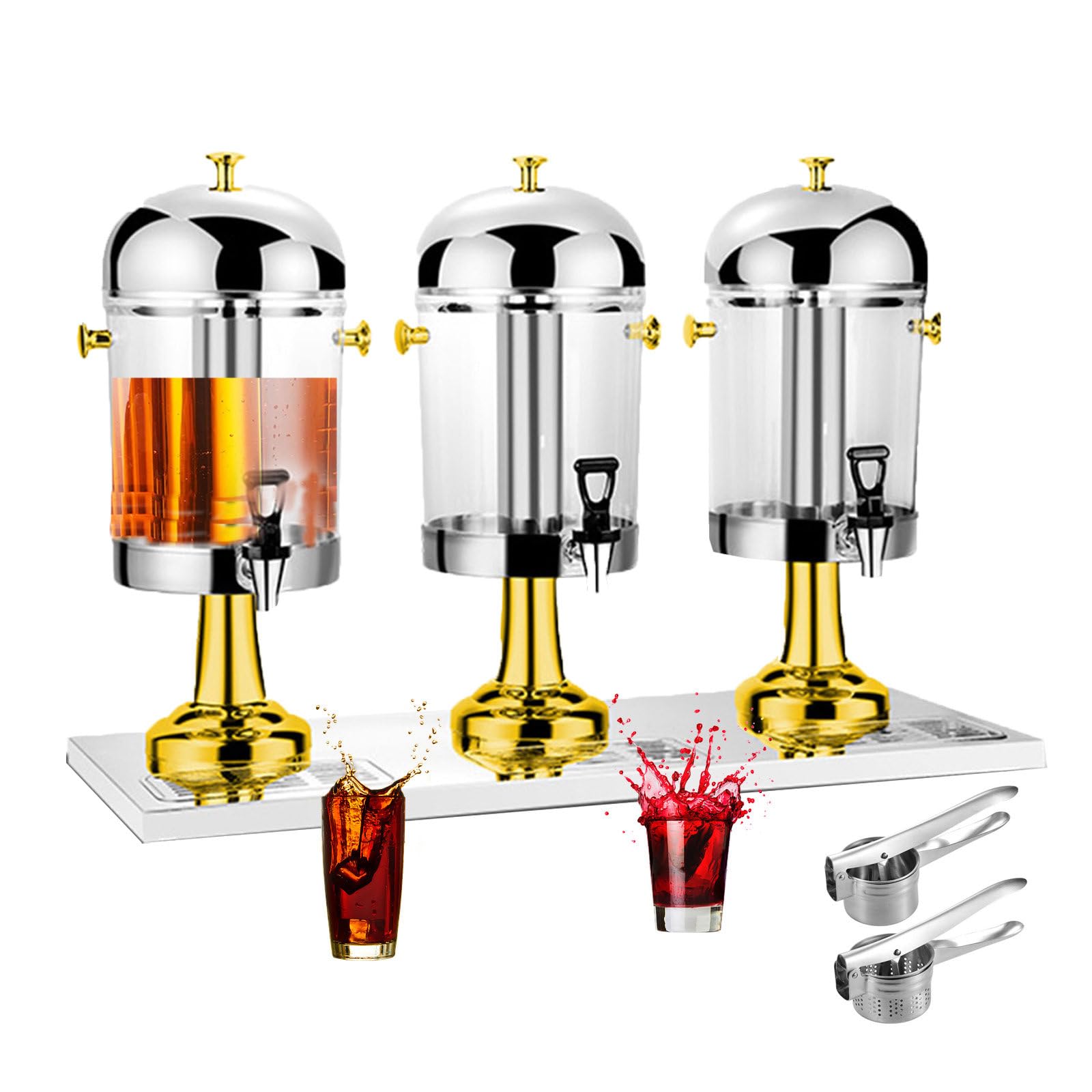 MYUYEE Commercial Beverage Dispenser 24L, Chillers & Water Fountains, Stainless Steel Cold Drink Machine, Self-Service Flower Tea Dispenser, With Tap & Drip Tray & 2 Mini Juicer,Silver (Gold)