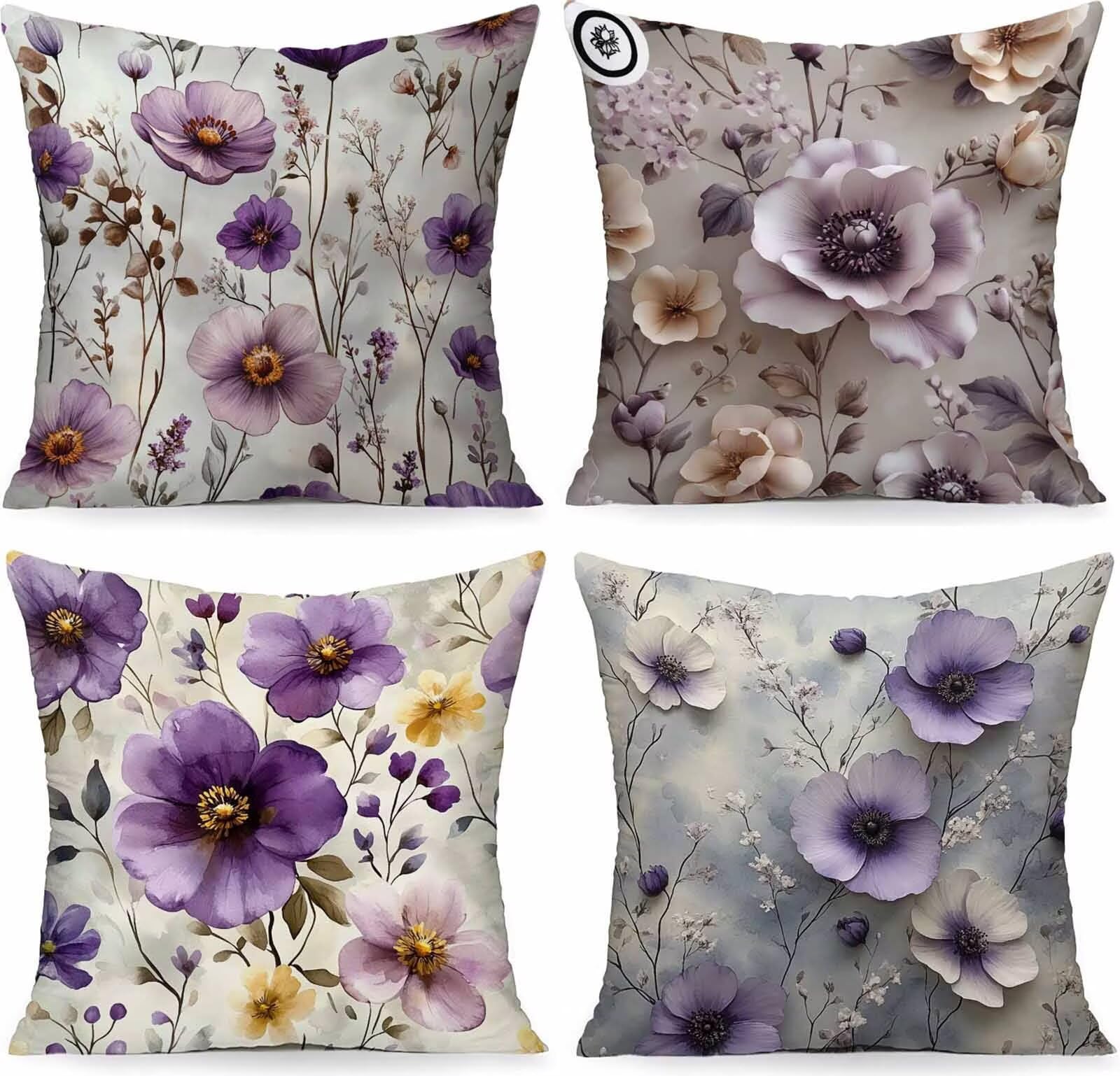 Housse coussin 40x40 lot de 4 violet à motif fleur en lin imperméable pour canapé PjY4032