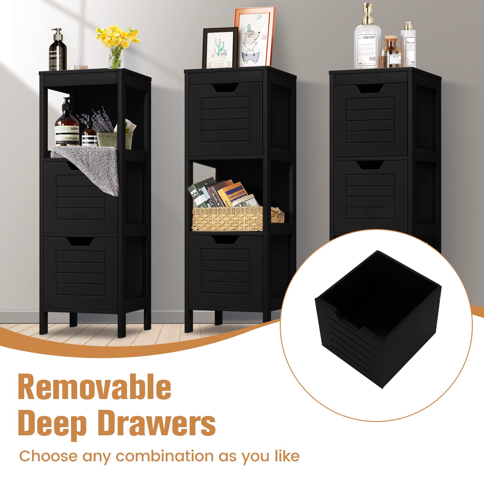 GIANTEX Badezimmerschrank, Schmaler Badeschrank mit 2 Schubladen, 30 x 30 x 89 cm, freistehender Schrank für Badezimmer & Wohnzimmer, Badkommode Aufbewahrungsschrank (Schwarz)