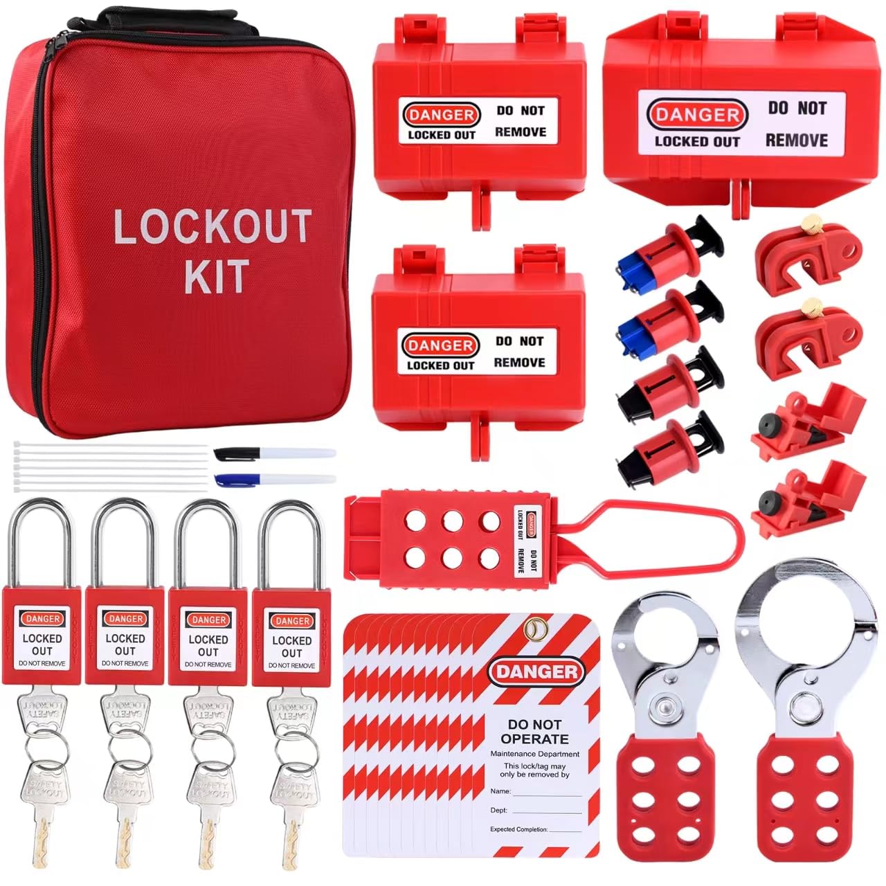 Kit de etiquetado de bloqueo loto eléctrico de seguridad, bloqueo de disyuntor de circuito con abrazadera, dispositivo de enchufe eléctrico, cerrojo de bloqueo, candado, etiqueta de loto con bolsa de