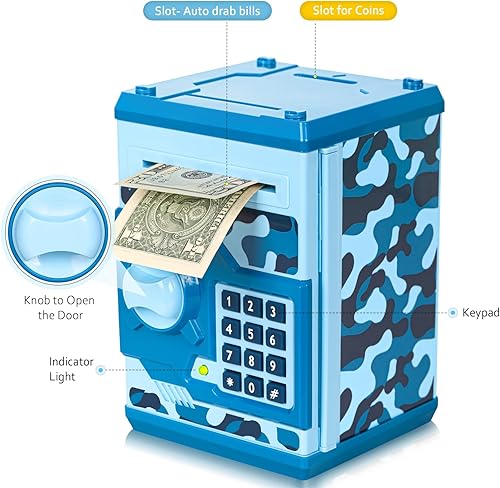 Miniatura 3 de Vcertcpl - Alcancía de cajero automático para niños y niñas caja de ahorro de dinero con contraseña tarro de dinero seguro para niños para adultos