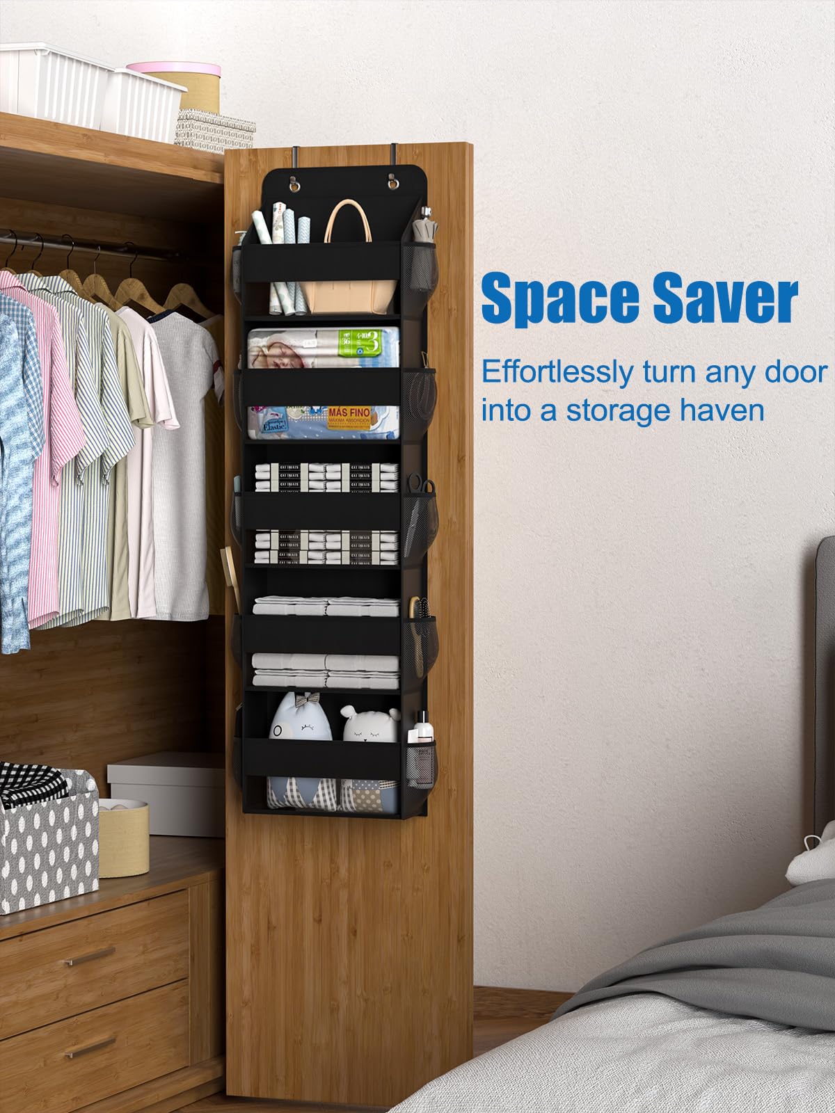 Hioya Over The Door Storage Organizer, RV Bathroom Organizer, Over The Door Organizer Camper Storage and Organization, 5 Shelf Hanging Over Door Organizer for Camper, Bathroom, Bedroom, Closet-Black