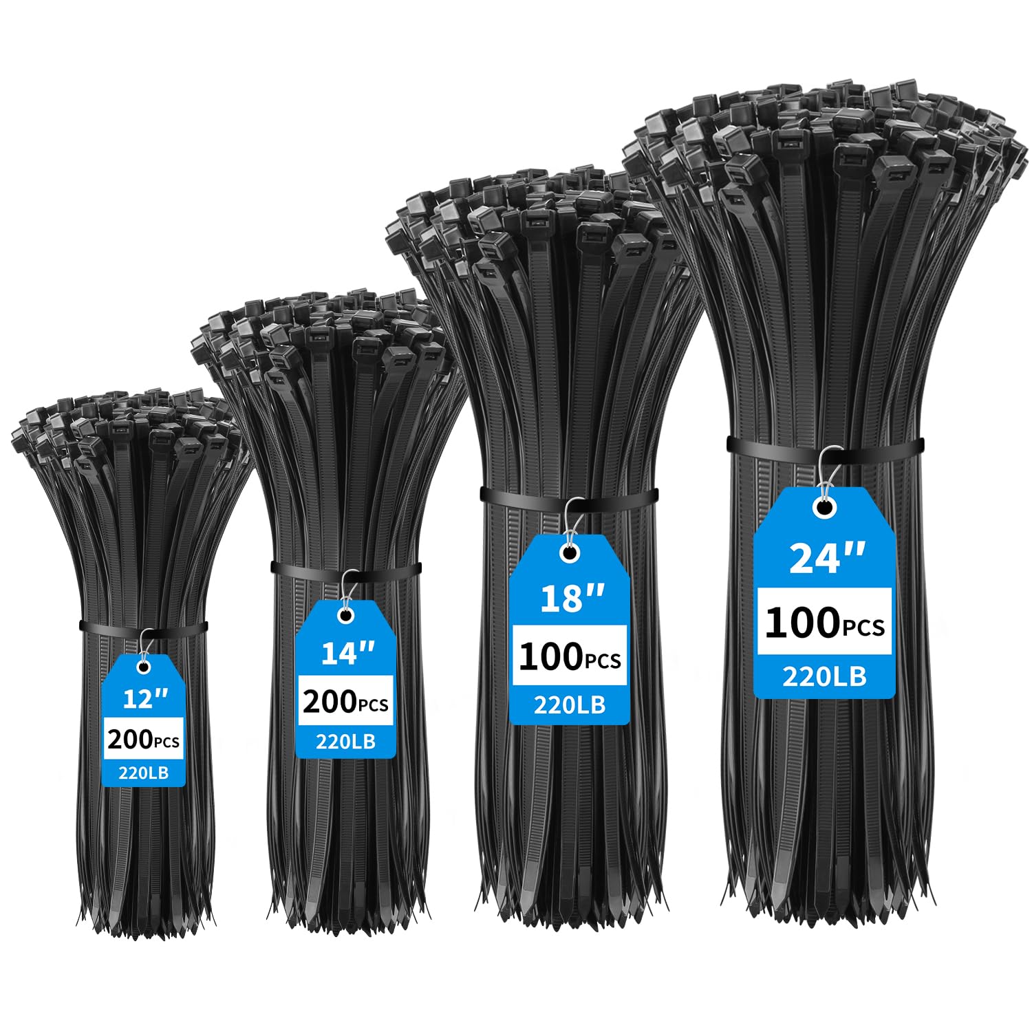 XINGO 600 Pack Black Zip Ties Heavy Duty Assorted Sizes, 12"+14"+18"+24", 220LBS Ultra Strong Plastic Wire Ties, Large Cable Ties Extra Long Tie Wraps For Indoor and Outdoor Use