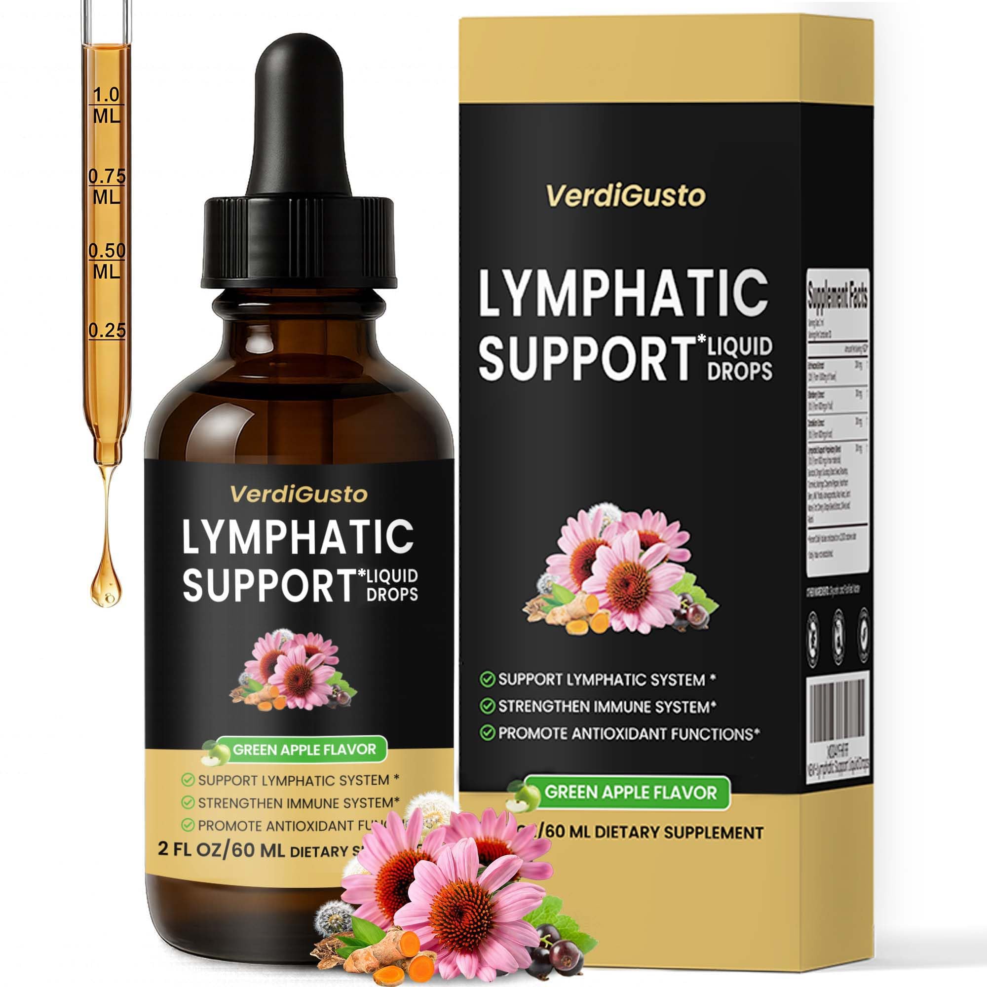 Lymphatic Support Drops, Lymphatic Drainage Supplement | Echinacea, Elderberry & Dandelion | Supports Lymphatic Health, Immune Wellness & Antioxidant Support | Non-GMO, Green Apple Flavor | 2 fl oz