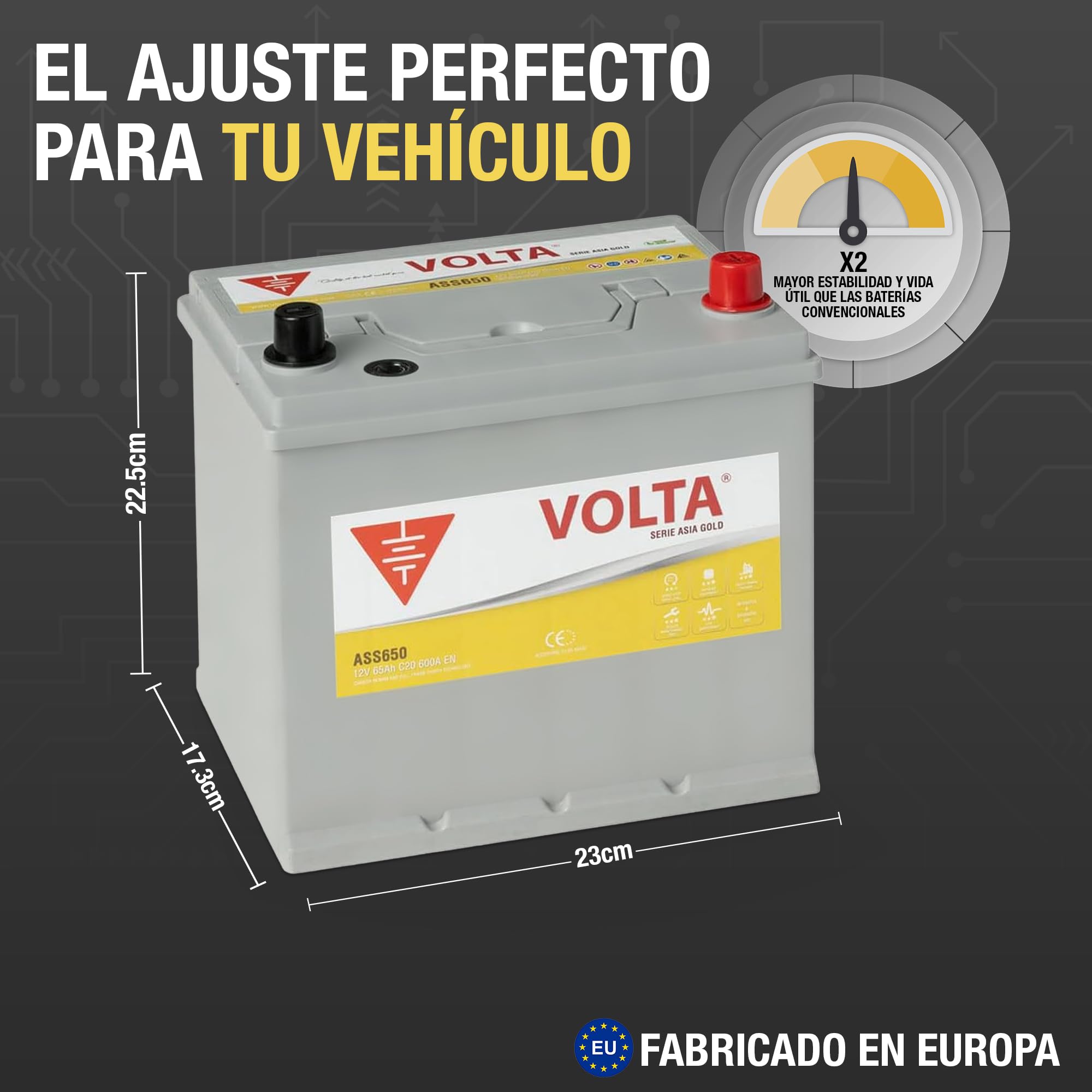 Batería de Coche Start-Stop EFB 65Ah 600 AEN - Volta Gold Asia ASS650D - Sistema Start-Stop - Borne +Derecha - Medidas Largo 230 x Ancho 173 x Alto 225 mm con 2 Años Garantía - Fabricación Europea