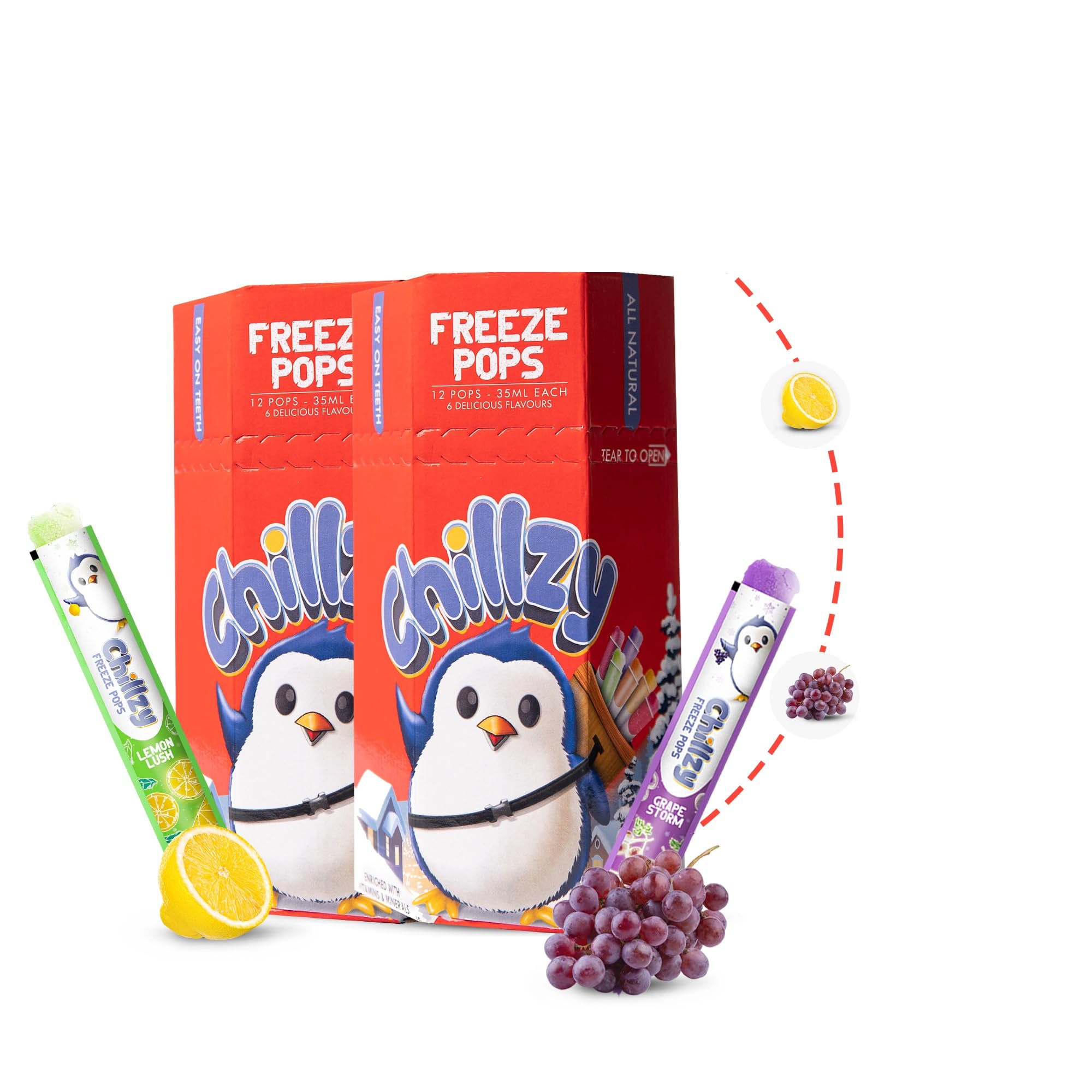Chillzy Freeze Pops - 24 All-Natural Ice Pops (Lemon Lush + Grape Storm) | Dual Flavour - Teeth Friendly - 35ml Each - 2 Pack (12 + 12 Pops) | Perfect for Parties and Gatherings (B0C8VBQ3HX) Amazon Price History, Amazon Price Tracker