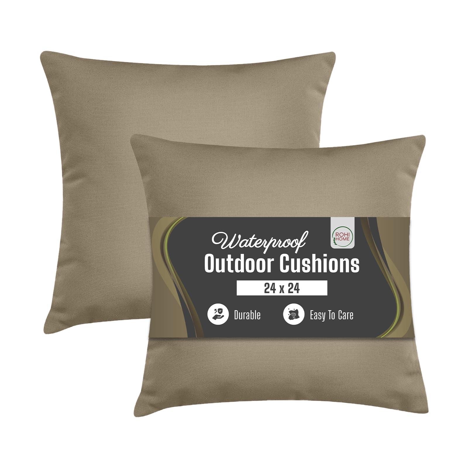 Rohi Waterproof Outdoor Cushions 2 Pack Filled โ Decorative Waterproof Cushions for Garden, Patio, Couch, Tent, Balcony and Sofa (Latte, 24" x 24")