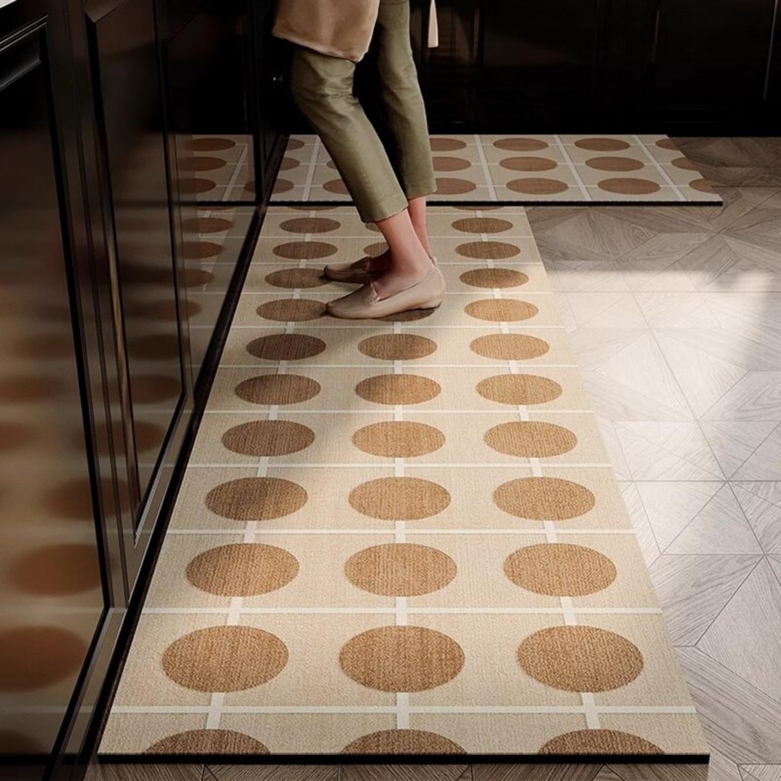 Tappeto Cucina 50X80Cm+50X60Cm Rotondo Marrone Moderni Tappetini Da Cucina 2 Pezzi,Antiscivolo Impermeabile Tappeti Da Cucine,Lavabile, Adatto Per Corridoi, Cucine, Bagni