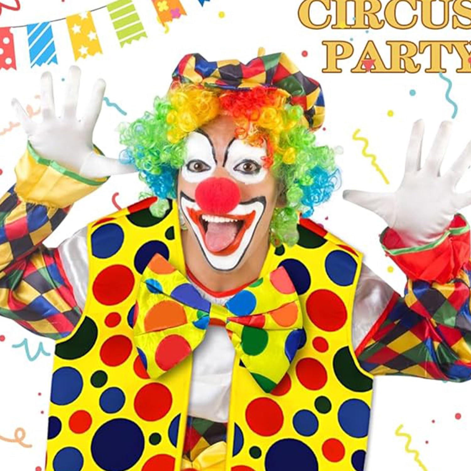 RmKbe 6pcs Clown Costume Kit Rainbow Clown Wig Clown Vest Clown Bow Tie Clown Nose White Gloves Clown Dress Up Costume Accessories for Halloween Party - Image 4