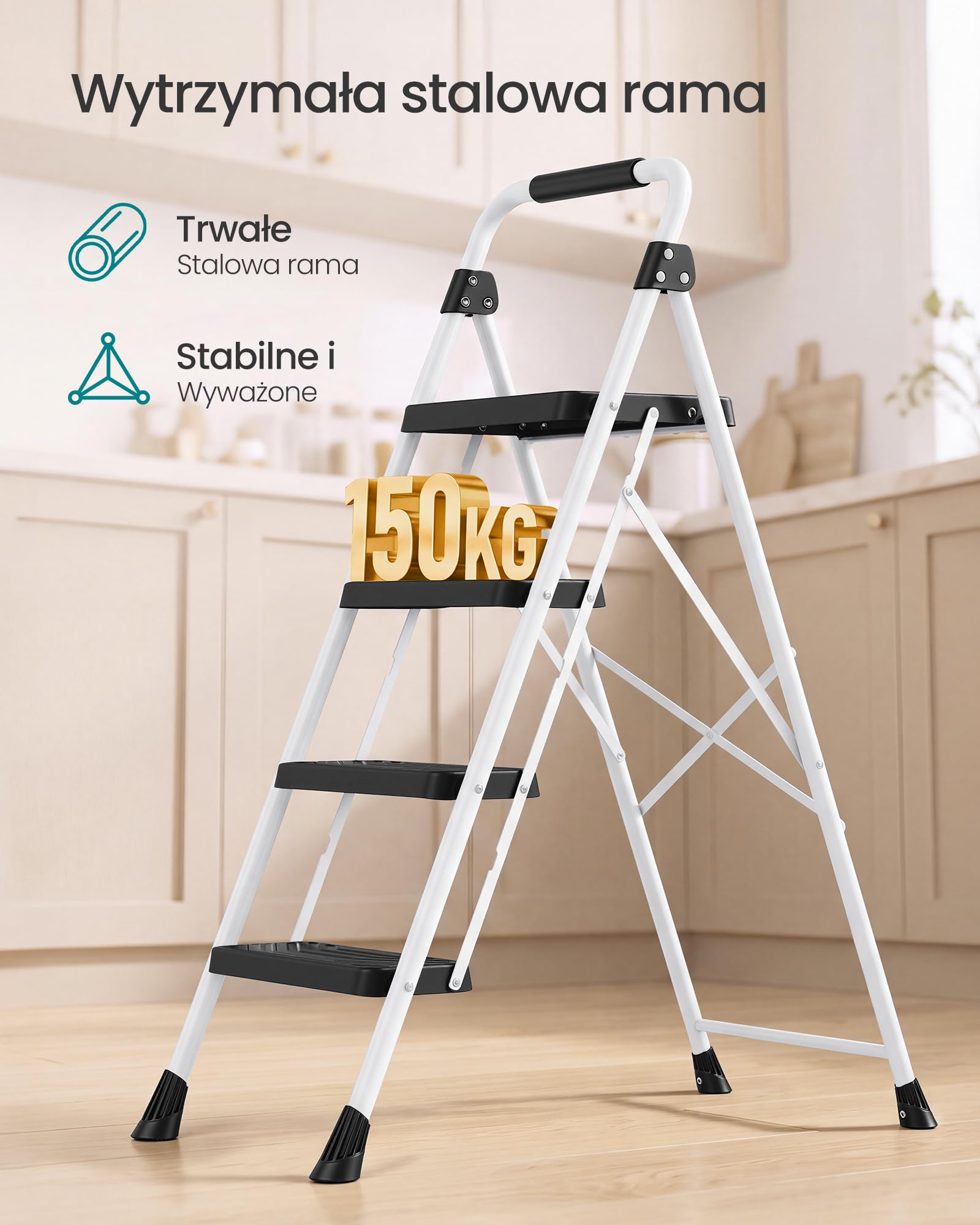 SONGMICS drabina 4-stopniowa, składana, stalowa, z poręczą