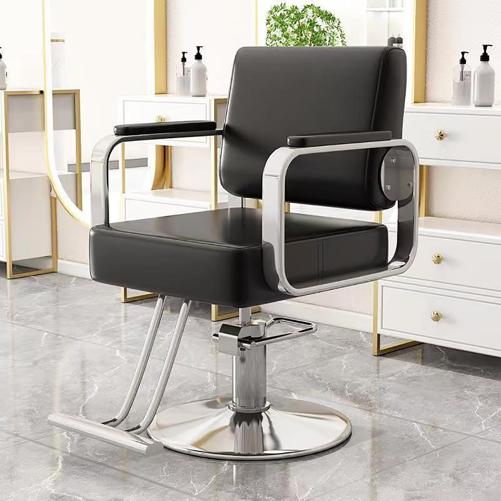 OZBMA Hydraulic Salon Chair with Stainless Steel Footrest for Hairdressers and Barber Shops (B)