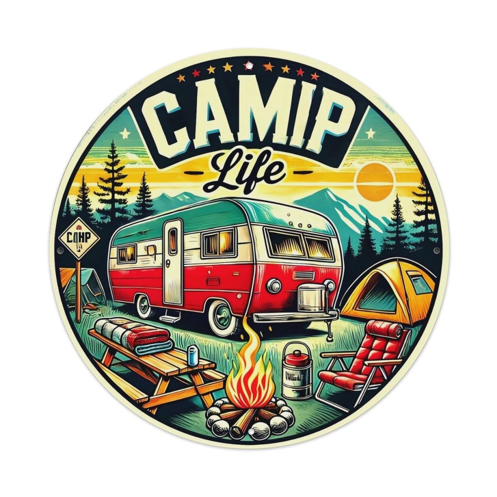 Camp Life Vintage Trailer Scene Retro Metal Sign Round Tin Sign, Vintage Decor Art Poster for Bar, Home, Man Cave, Kitchen, Laundry Room Gift 8x8Inch