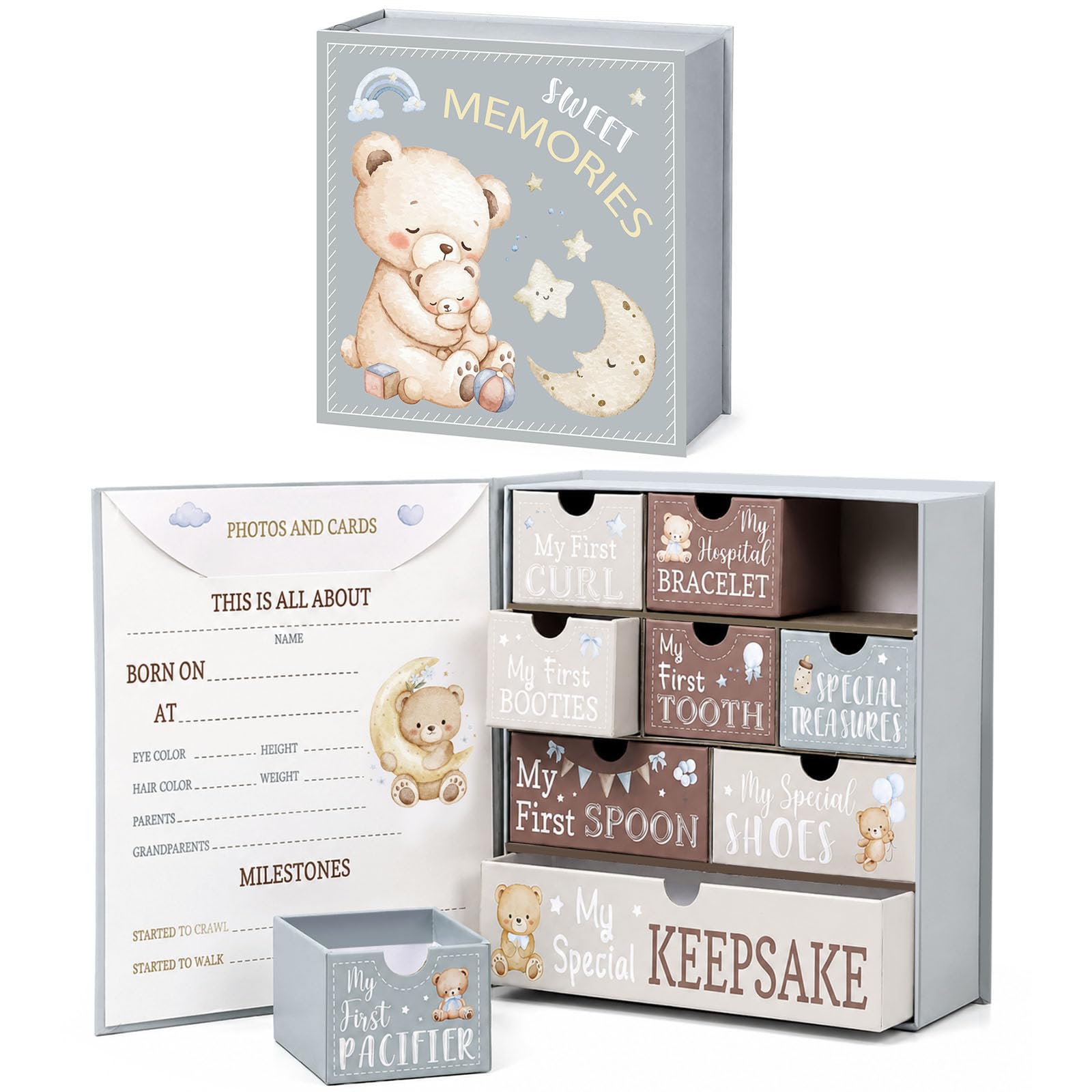 Pajean Caja de recuerdos de oso de peluche para recién nacido, caja de