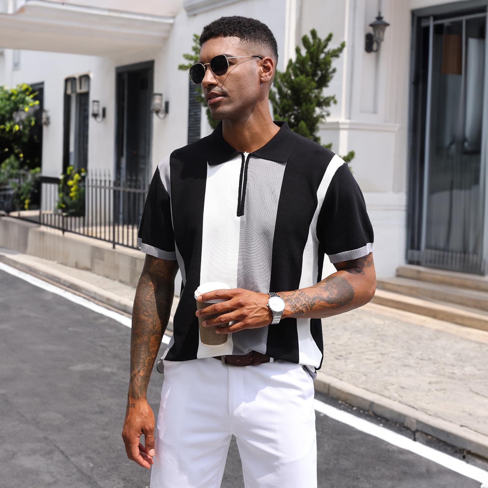 Polo da Uomo, Stile Vintage, a Righe, in Maglia, Casual, Slim Fit, da Golf