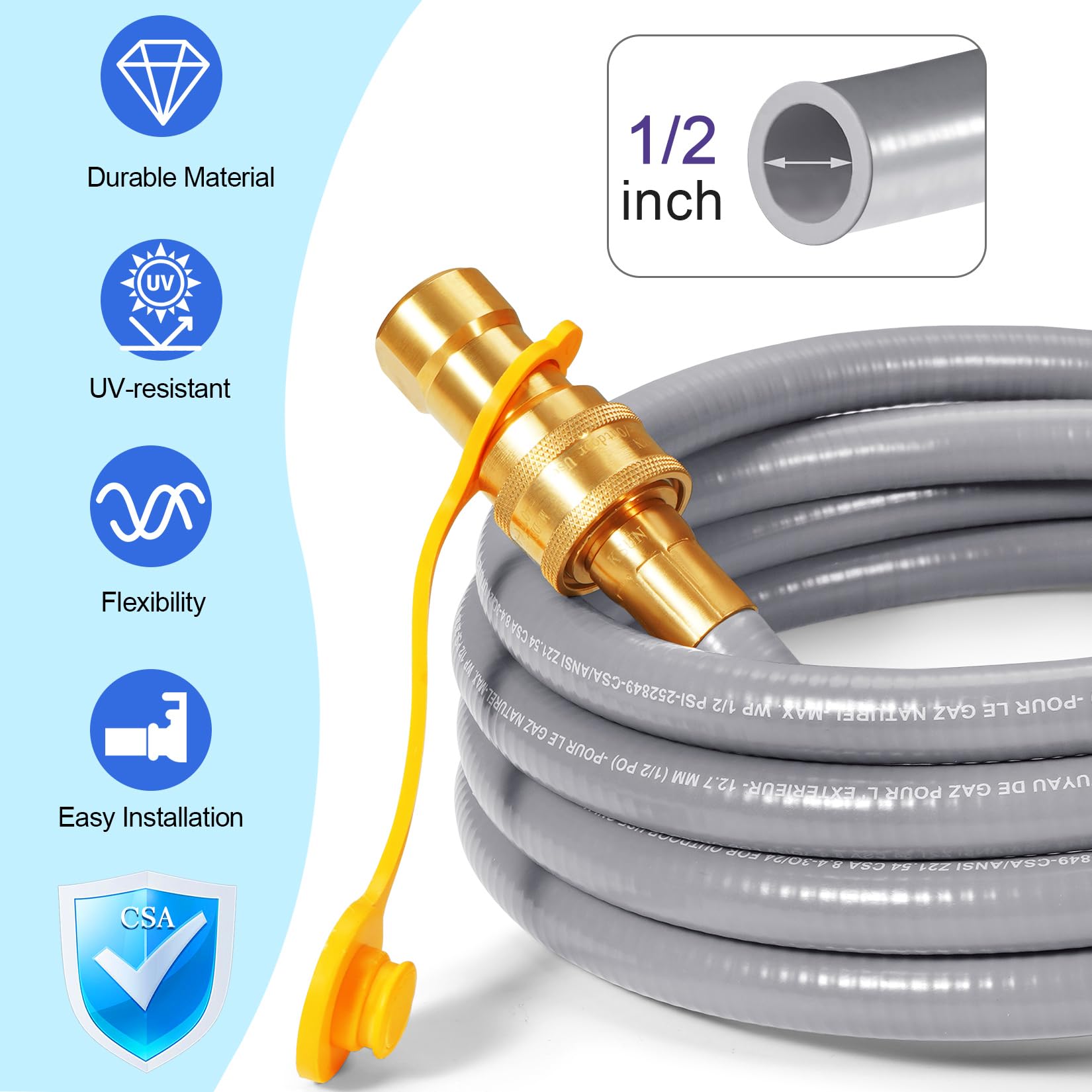 GasSaf Manguera de gas natural de 12 pies de diámetro interior de 1/2 pulgada con conexión rápida, kit de conversión de gas natural para parrilla de gas, generador, calentador de patio y más,