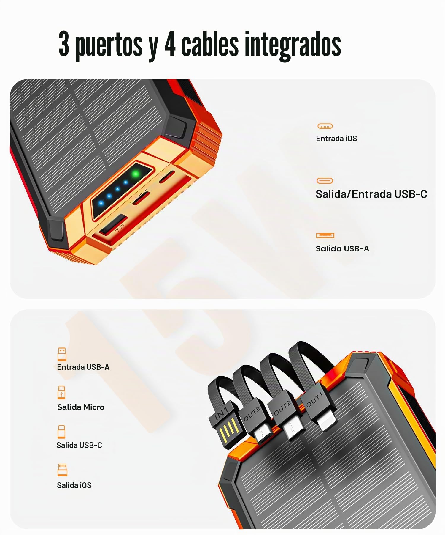 Power Bank Solar 26800mAh con 4 Cables, Inalámbrico USB-C 15W Carga Rápida | Batería Externa Cargador Solar 6 Salidas 3 Entradas para Teléfono, Cargador Solar con Linterna, Mosquetón