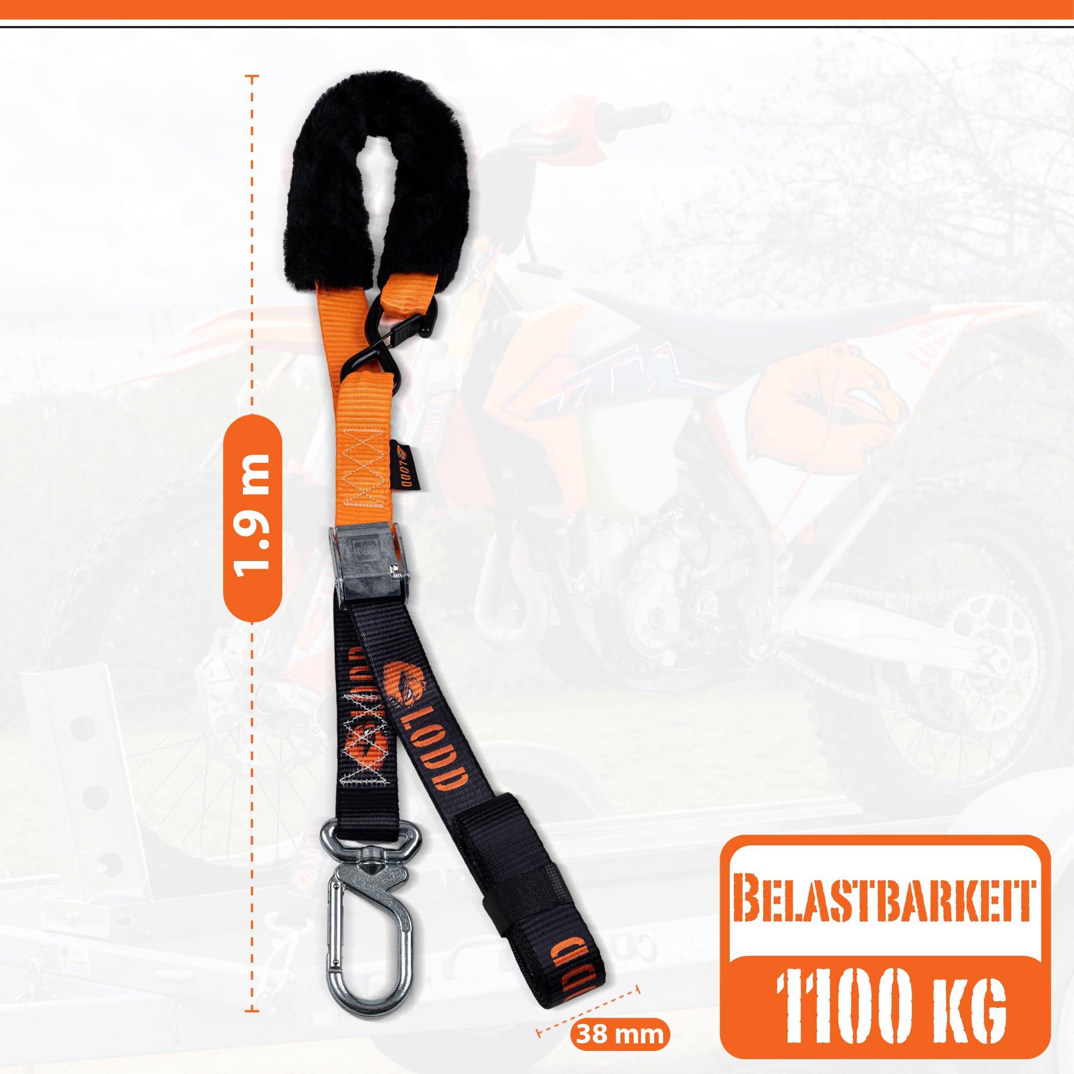 LODD - Motorrad-Spanngurte mit Hochfesten Schnallen, Fellschutz, Stahlkarabiner, Verstärkter Schnalle | 1100 kg, 38mm | Anhänger (Parent) (Schnalle/Drehkarabiner)